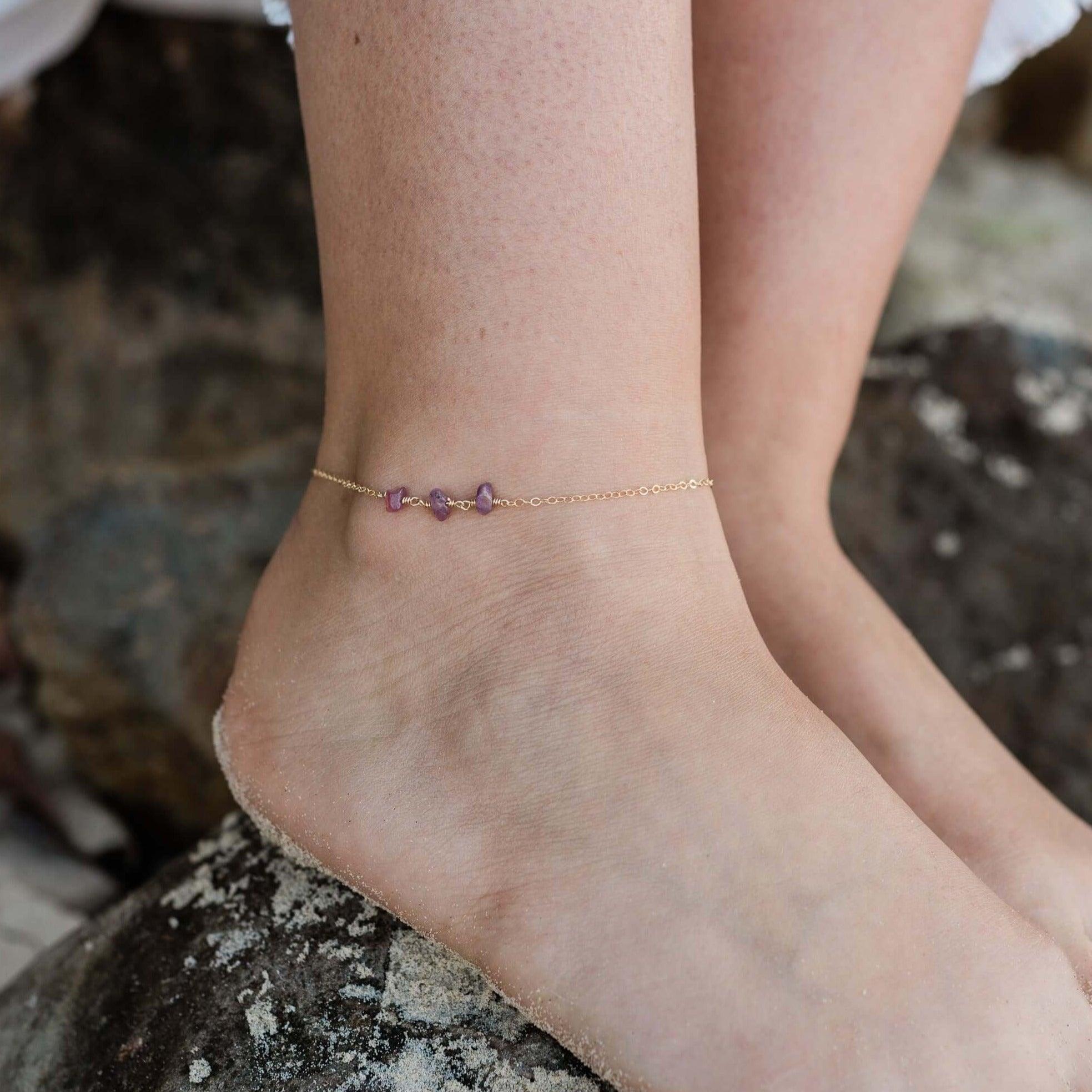 Elegant Ruby Beaded Chain Anklet for Women - Adjustable Bohemian Ankle Bracelet - Perfect for Beach, Summer Outfits & Boho Fashion