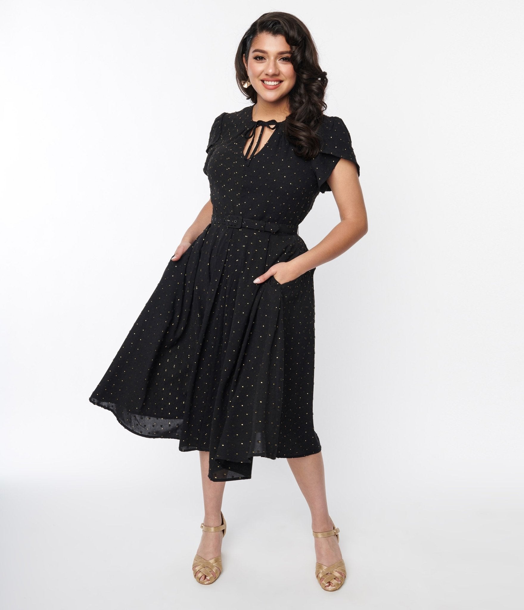 Vintage Black & Gold Polka Dot Dahlia Swing Dress - Retro 1950s Style Flared Skirt Dress for Women - Perfect for Cocktail Parties, Dances & Special Occasions