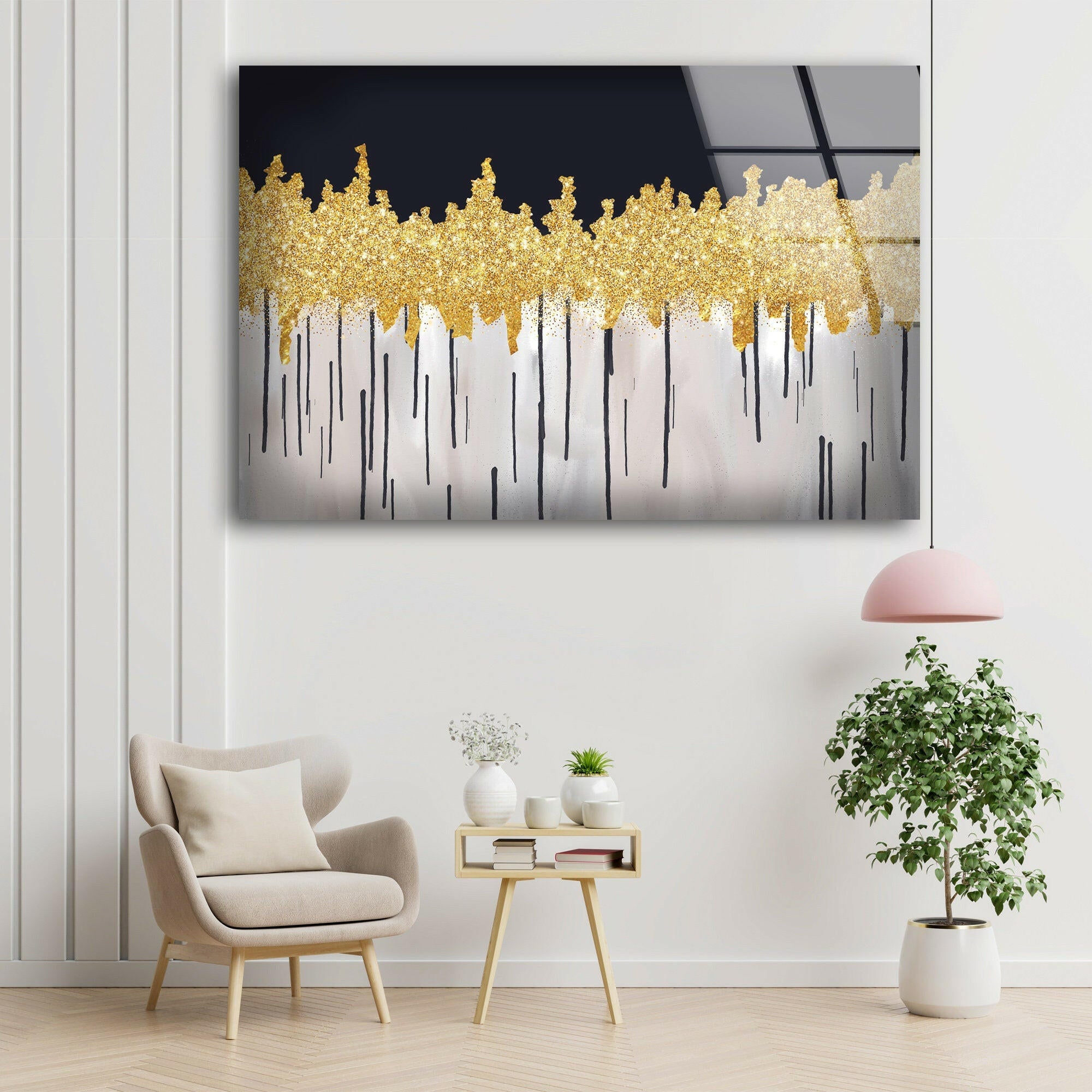 Black and Gold Abstract Glass Wall Art - Modern Home Decor for Living Room, Bedroom & Office - Elegant Handmade Glass Painting for Unique Interior Design
