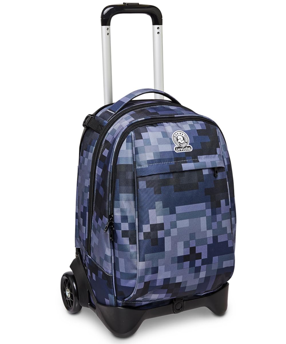 Invicta Detachable 3-in-1 School Backpack with Wheels - Blue Pixel Camo Design, Laptop Compartment - Convertible Trolley Backpack for Kids & Teens - Perfect for School, Travel & Daily Commute