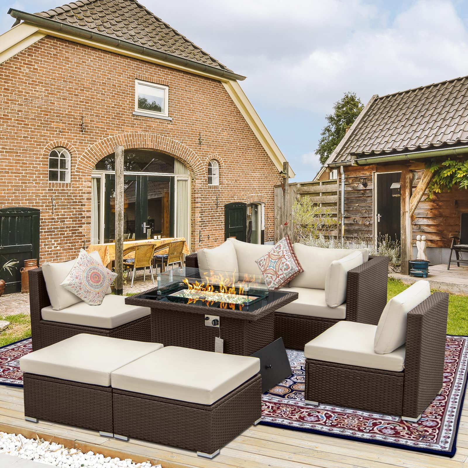 BLUEXYARD 7-Piece Brown PE Rattan Outdoor Patio Furniture Set with Fire Pit Table - High Back Wicker Sectional Sofa Conversation Set for Backyard, Garden, Poolside (Beige) - Perfect for Entertaining, Relaxing & Outdoor Gatherings