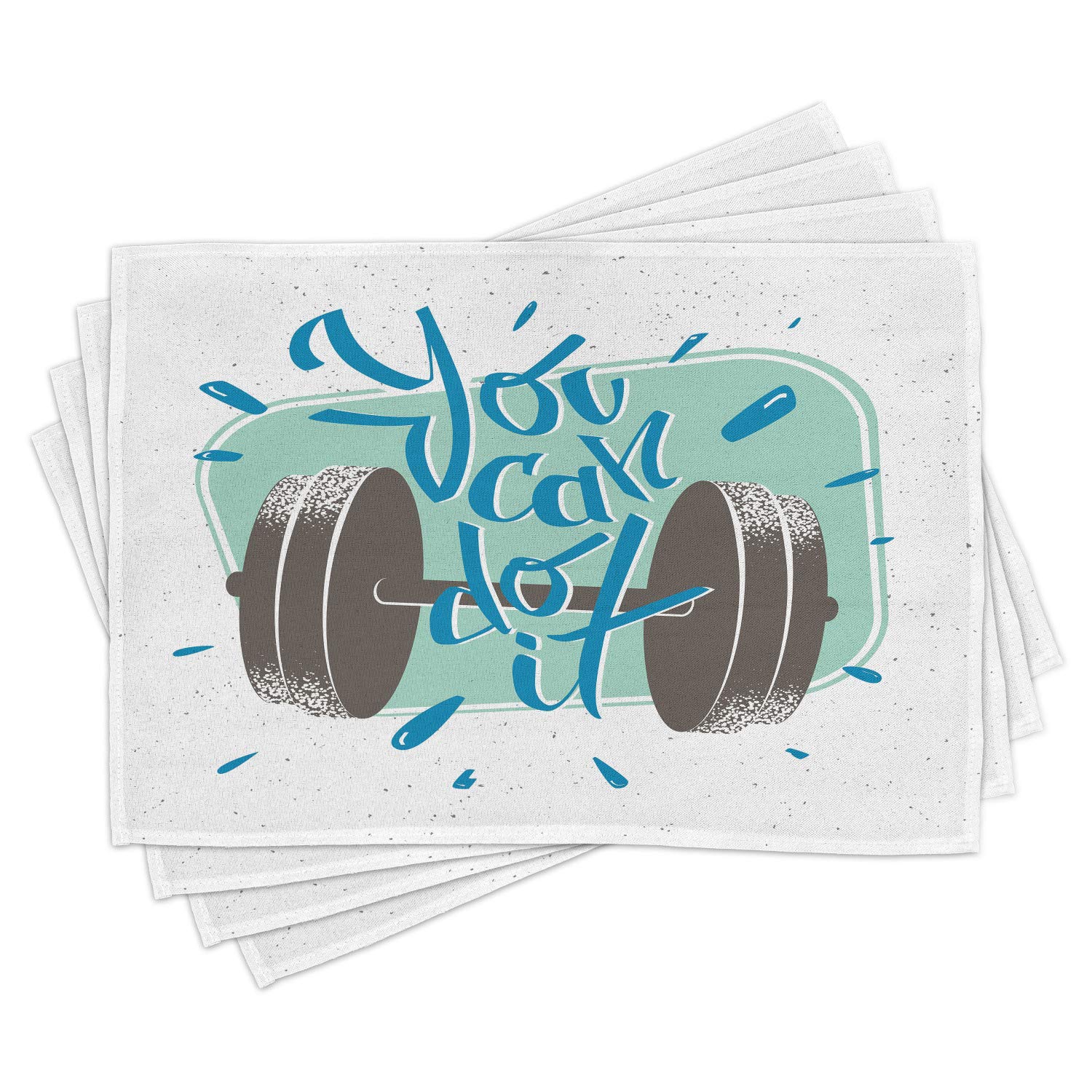Ambesonne Fitness Placemats Set of 4 - Retro Dumbbell Design with Motivational 