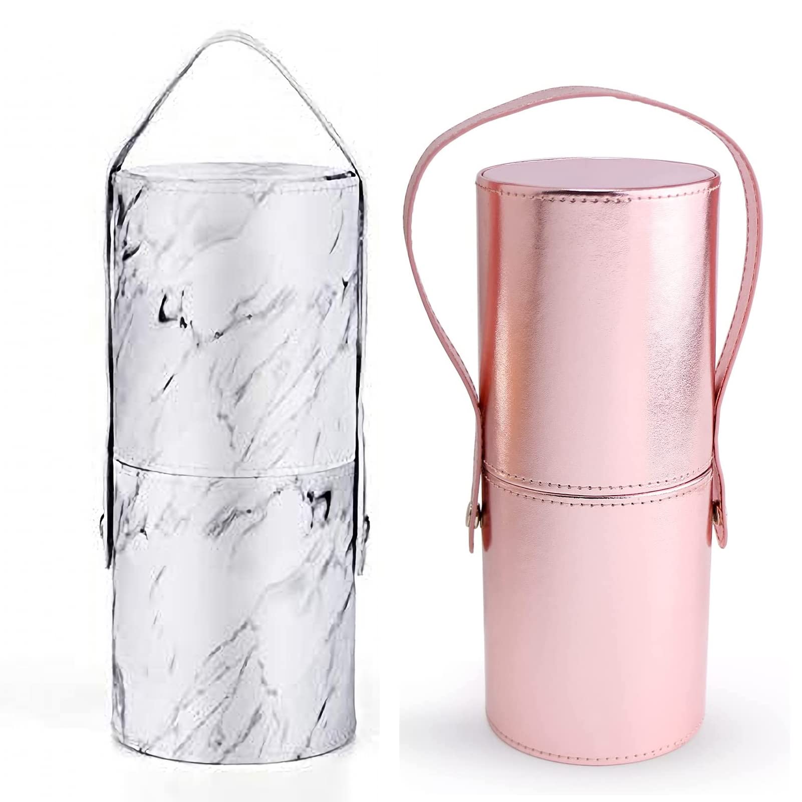 Yoseng Makeup Brush Case with Lid - 8.1 x 3.6 Inch Travel Brush Holder Organizer for Women | Dustproof Storage Bag & Display Cup | Rose Gold Marble Pattern | Perfect for Travel, Home & Professional Makeup Artists