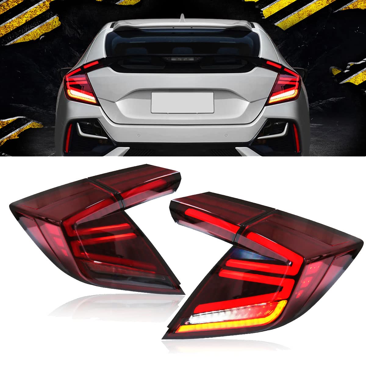 2016-2020 Honda Civic Hatchback Type-R LED Tail Lights Assembly - Sequential Turn Signal, DRL, Reverse & Brake Lights - Red Lens Replacement for Enhanced Visibility & Style (Perfect for Night Driving & Car Customization)