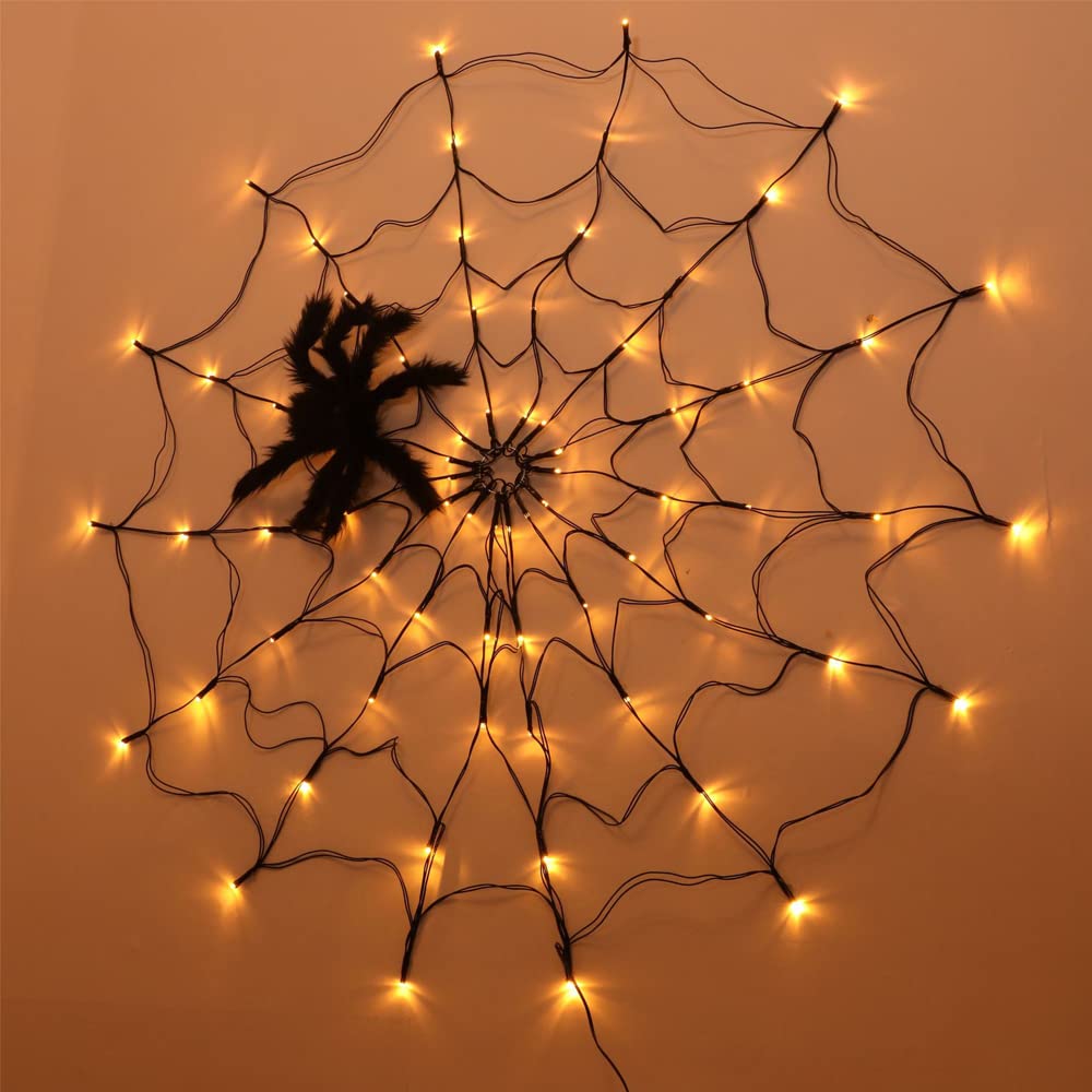 3.2FT Giant Spider Web Lights with Hairy Spider & Cobweb - Orange LED Halloween Decorations for Outdoor, Window, Wall, Garden, Patio & Yard - USB Powered for Spooky Halloween Party & Haunted House Decor