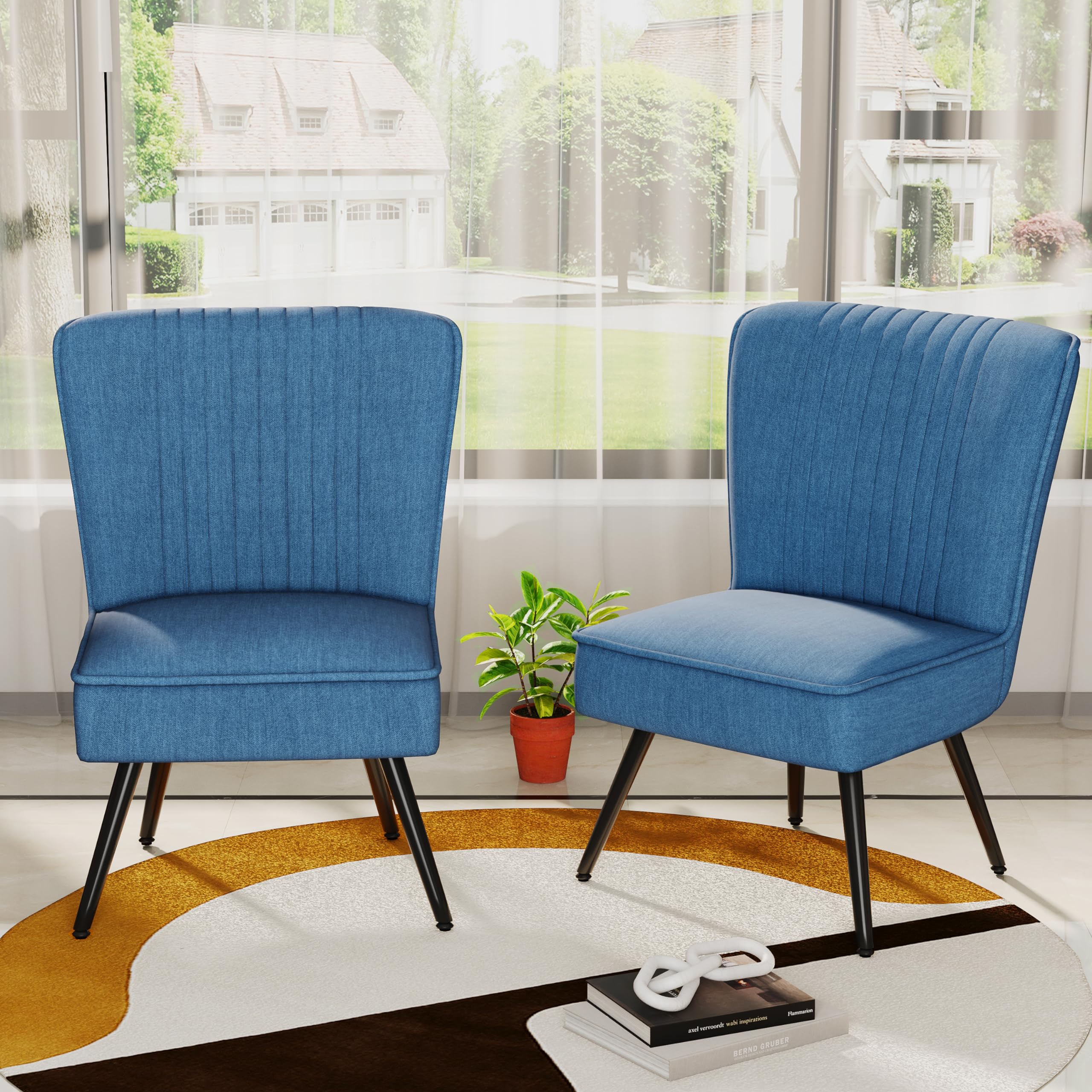 Modern Blue Accent Chair Set of 2 - Upholstered Armless Slipper Chairs for Living Room, Bedroom & Reception - Comfy Wingback Club Chairs for Guest Seating & Lounge Areas - Perfect for Home Decor, Apartments and Office Waiting Rooms