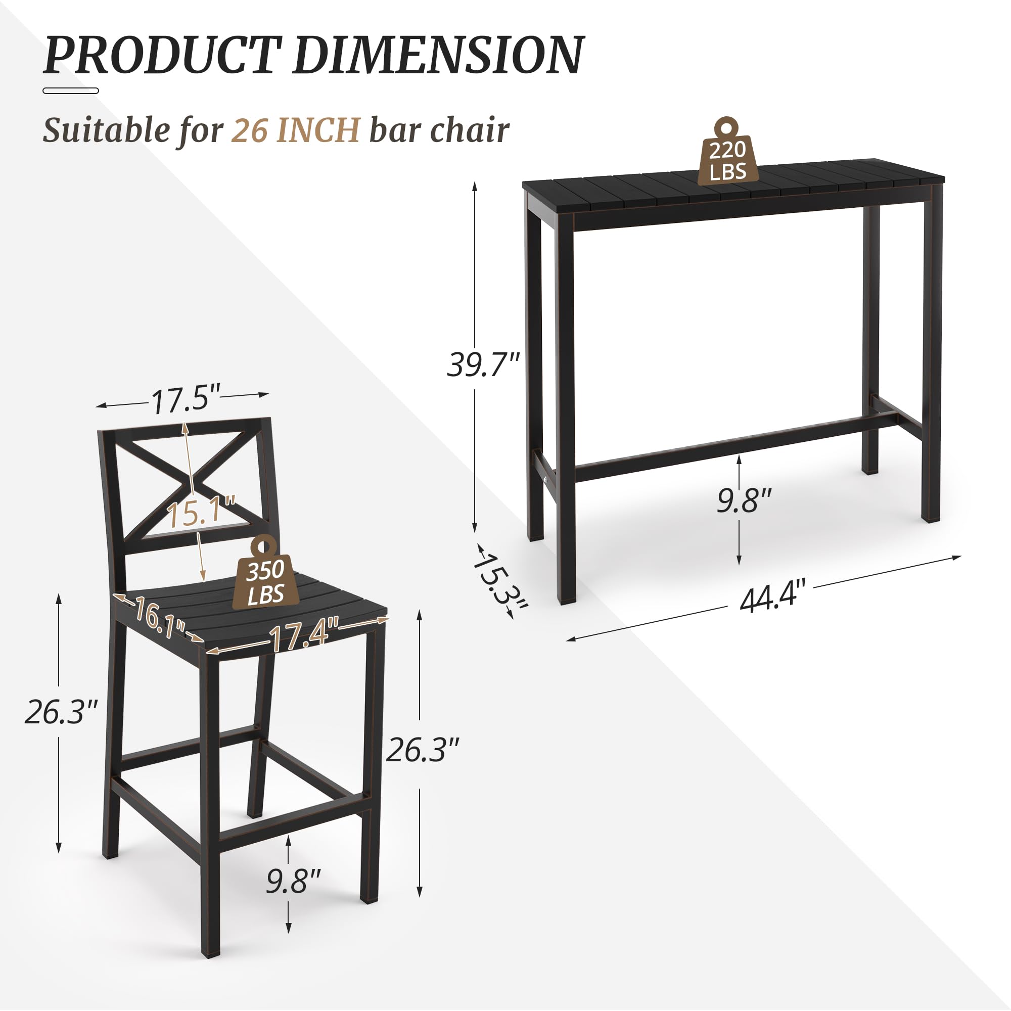 Outdoor Bar Height Table and Chairs Set - 3-Piece Black Patio Pub Set with 45