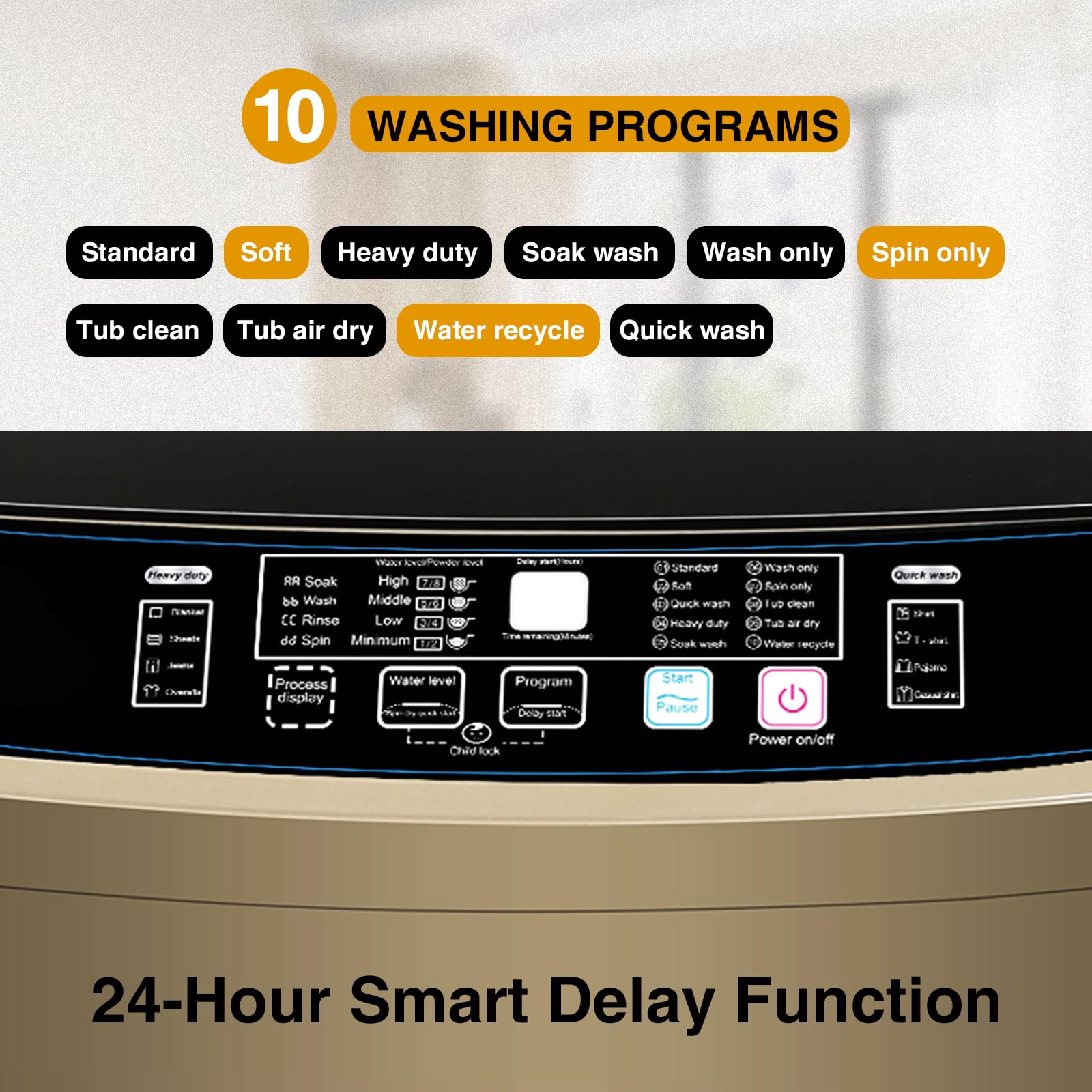17.7lbs Full-Automatic Portable Washing Machine with LED Display - 10 Wash Programs for Apartment, Home, Dorm, RV - Compact & Energy Efficient (Gold) | Perfect for Small Spaces, Laundry Rooms & Mobile Living