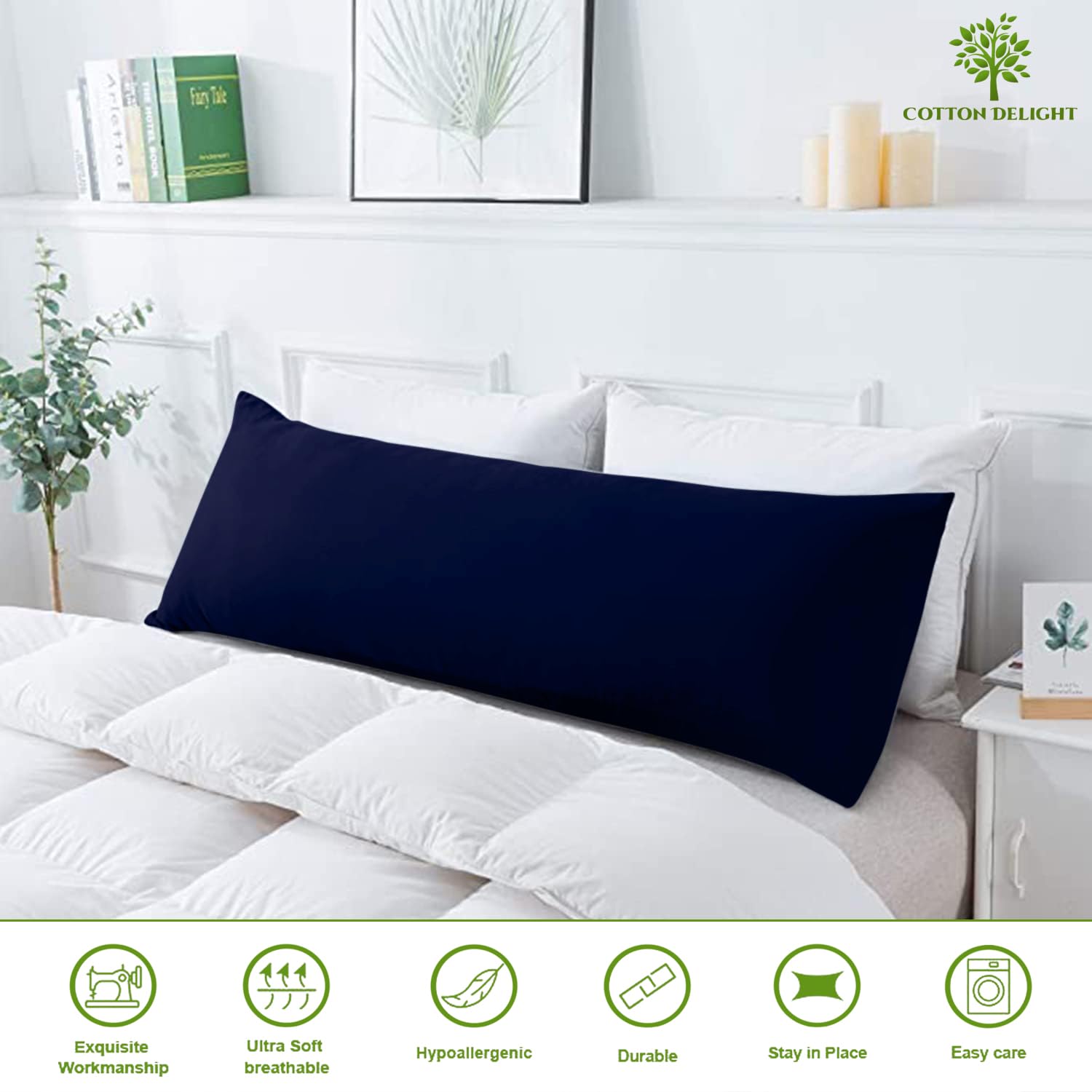 Premium 100% Natural Cotton Body Pillow Cover - 20x60 Inches, Navy Blue, 600 Thread Count, Zipper Closure - Soft & Breathable for Ultimate Comfort - Perfect for Bed, Sofa, Travel & Maternity Support