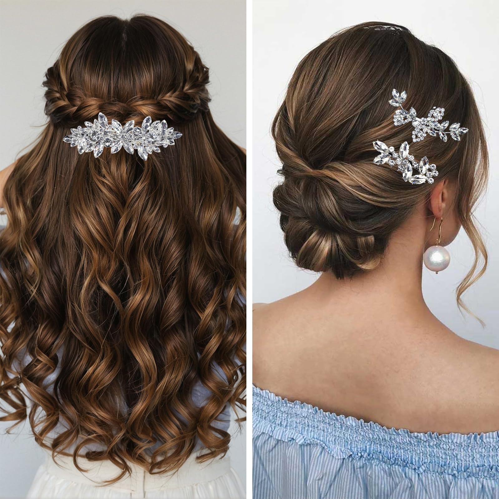 4Pcs Rhinestone Hair Clips - Silver Crystal Leaf Bobby Pins for Wedding, Bridesmaids & Flower Girls | Elegant Bridal Hair Accessories for Ceremony, Party & Special Occasions