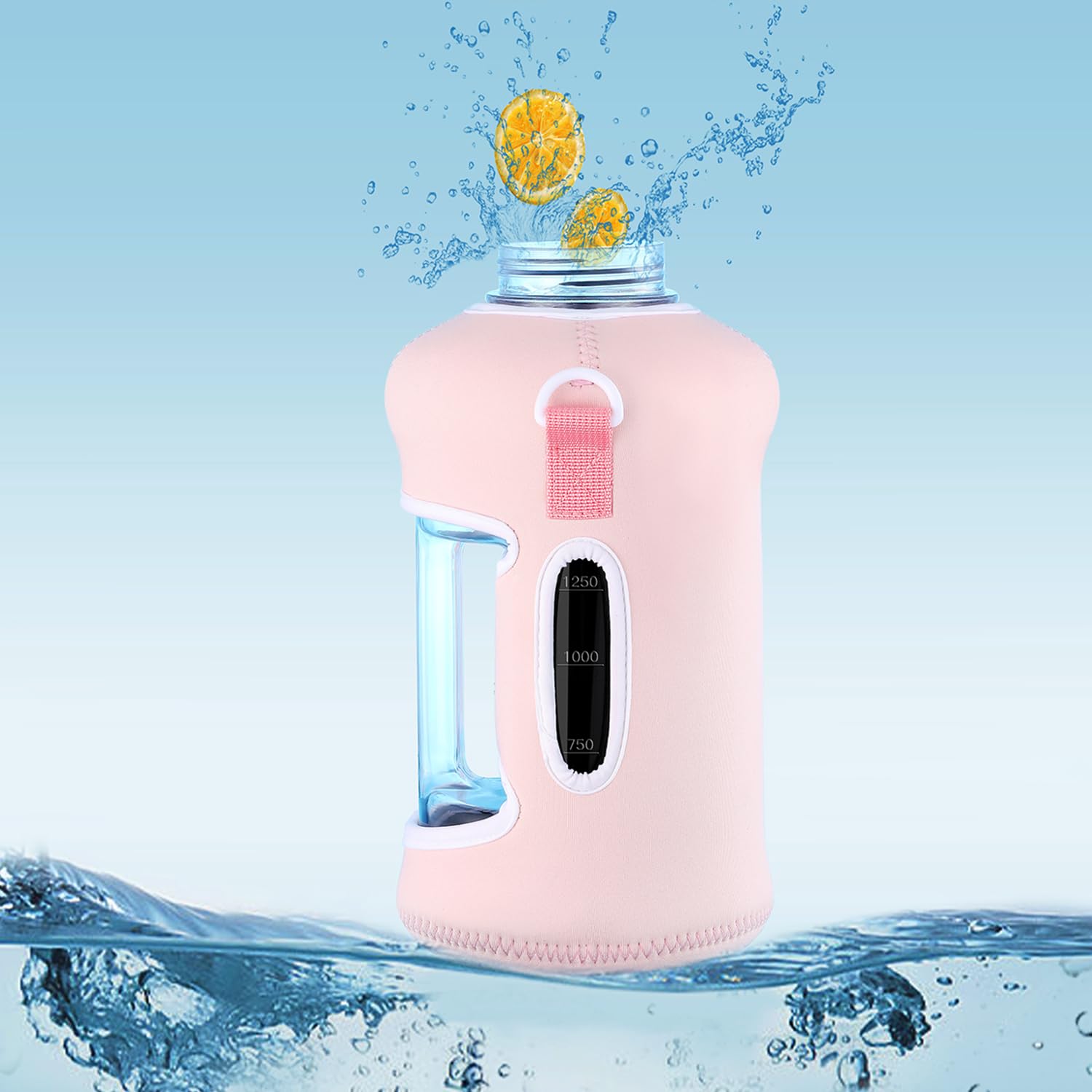 Pink Gym Water Bottle for Women - 64oz Half Gallon Large Water Bottle with Insulated Sleeve & Strap - Cute Workout Accessories Essentials - Perfect for Yoga, Running, Fitness & Gym Training