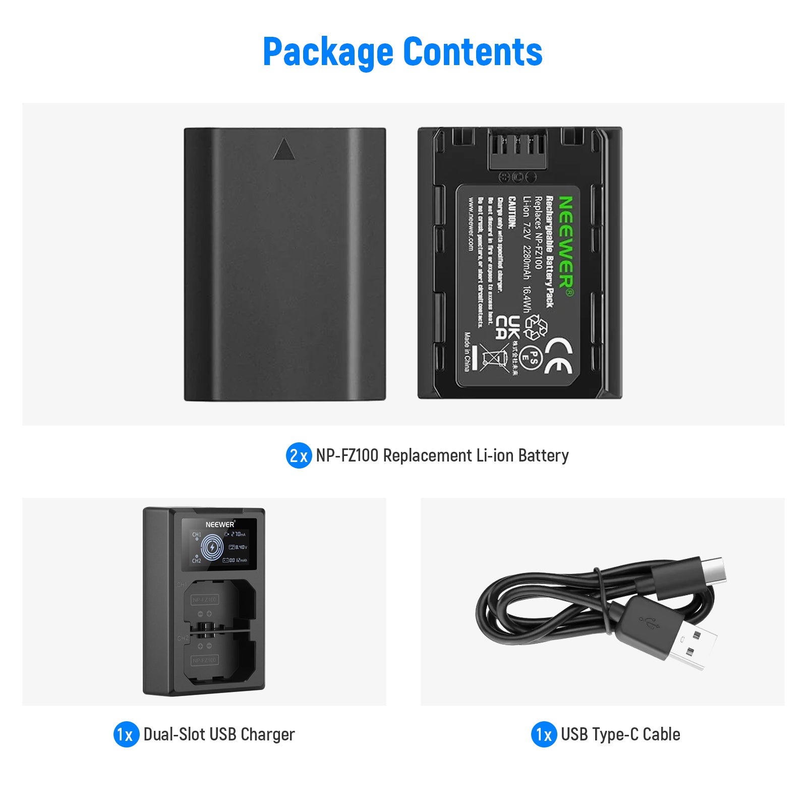 NEEWER Upgraded NP-FZ100 Replacement Battery & Dual USB Charger for Sony A7 III A7R III A9 - Perfect for Photography, Videography & Travel