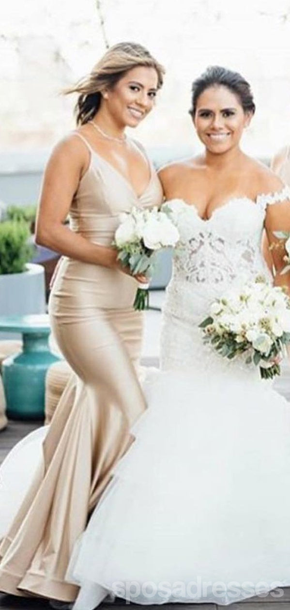 Elegant Mermaid Light Champagne Spaghetti Straps V-Neck Long Bridesmaid Dress Gown WG1121 | Perfect for Weddings, Proms & Formal Events