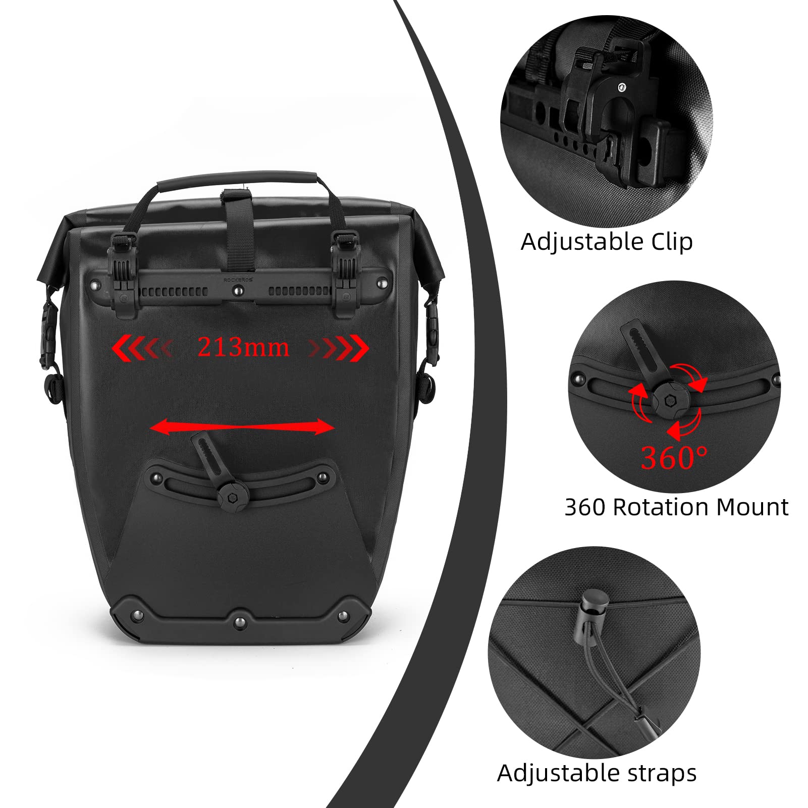 ROCKBROS Waterproof Bike Pannier Bag - 27L Large Capacity Rear Rack Bicycle Bag for Grocery Shopping, Touring & Cycling - Black (1 Pack) - Perfect for Commuting, Outdoor Adventures & Daily Errands