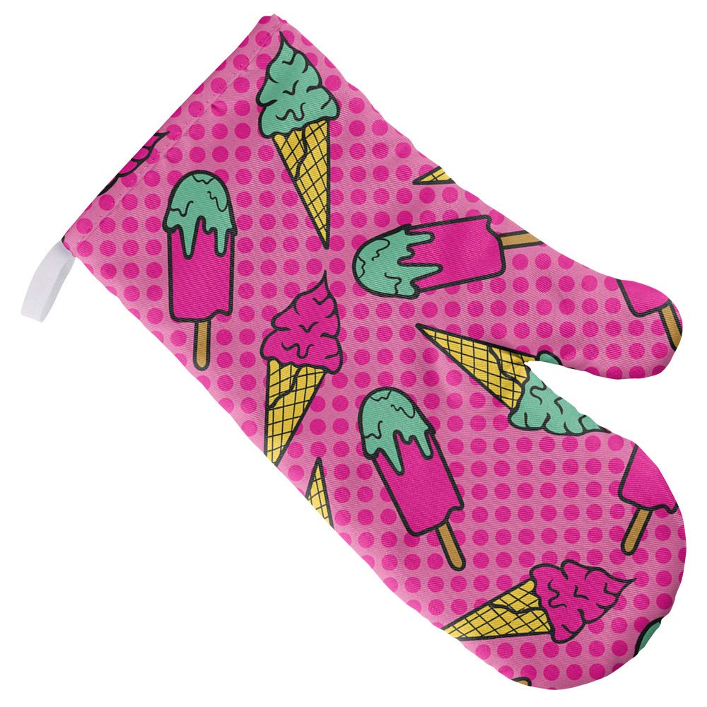 Non-Slip Ice Cream Cones & Dots Pattern Oven Mitt - Heat Resistant Kitchen Glove for Baking, Grilling, BBQ & Cooking - Perfect for Indoor/Outdoor Kitchen Use