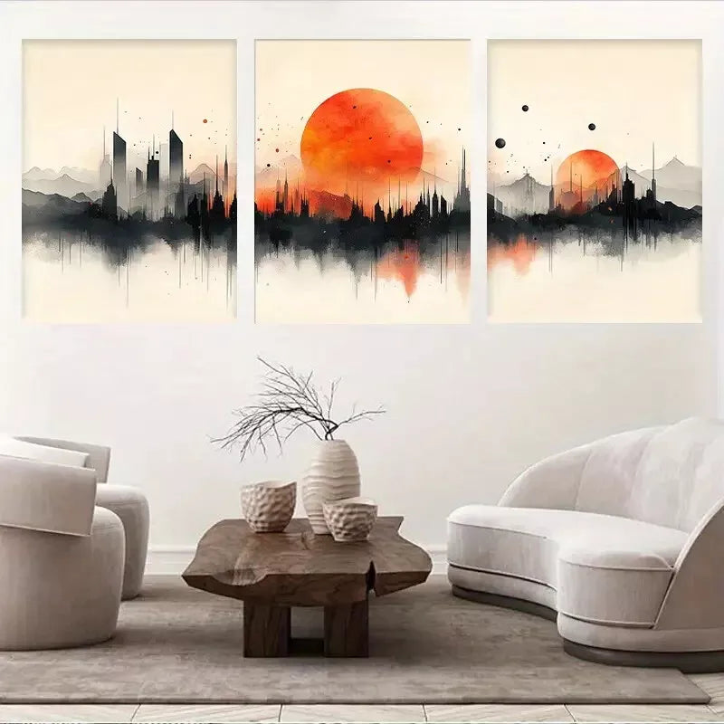 3-Piece Vibrant Orange Red Skyline Water Reflection Wall Art Set - Framed Canvas 50x70cm (20x28in) | High Quality Print | 100% Australian Made | Ready to Hang | Modern Home & Office Decor