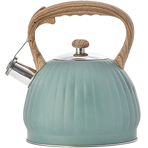 **Premium 3.5L Stainless Steel Whistling Tea Kettle with Wood Grain Handle - Stovetop Safe, Food Grade, Eco-Friendly (Green) - Perfect for Boiling Water, Making Tea, Coffee & Hot Cocoa**