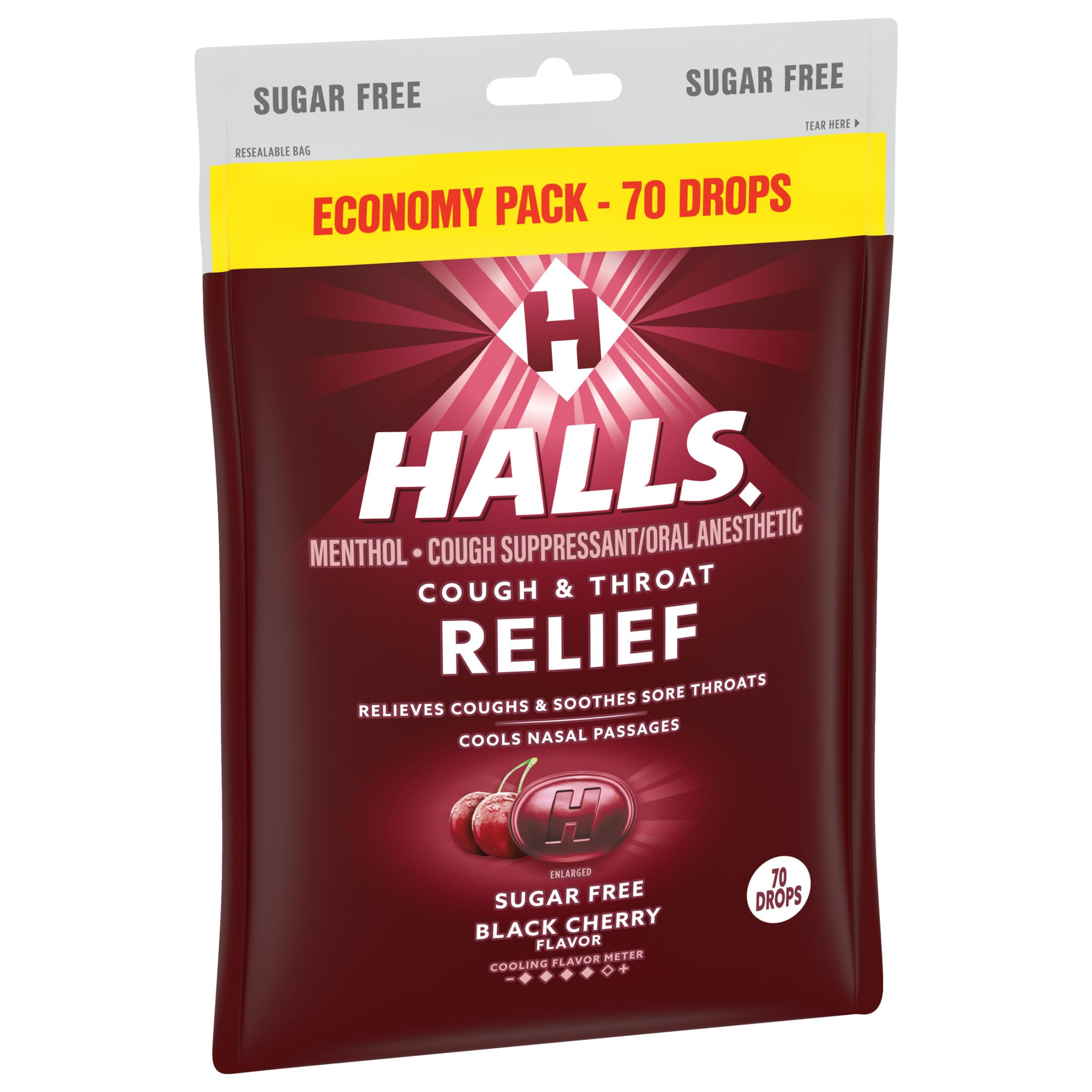 Sugar Free Cough Drops - Hall Black Cherry Flavor, 70 Drops Economy Pack | Soothes Throat & Relieves Cough | Perfect for Travel, Work & Home Use