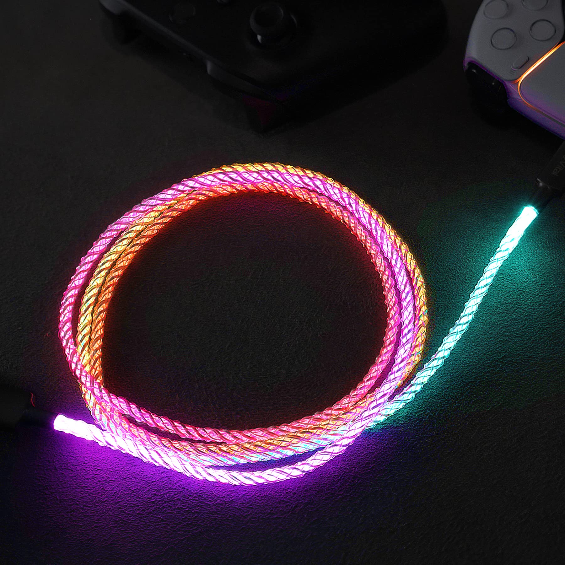 PlayVital 3.28FT LED Illuminated USB-C Charging Cable for PS5 Controller - Universal Fast Charging Cord for Xbox Core/Elite Series 2, Switch Pro Controller - Gaming Accessory for Night Play & Charging