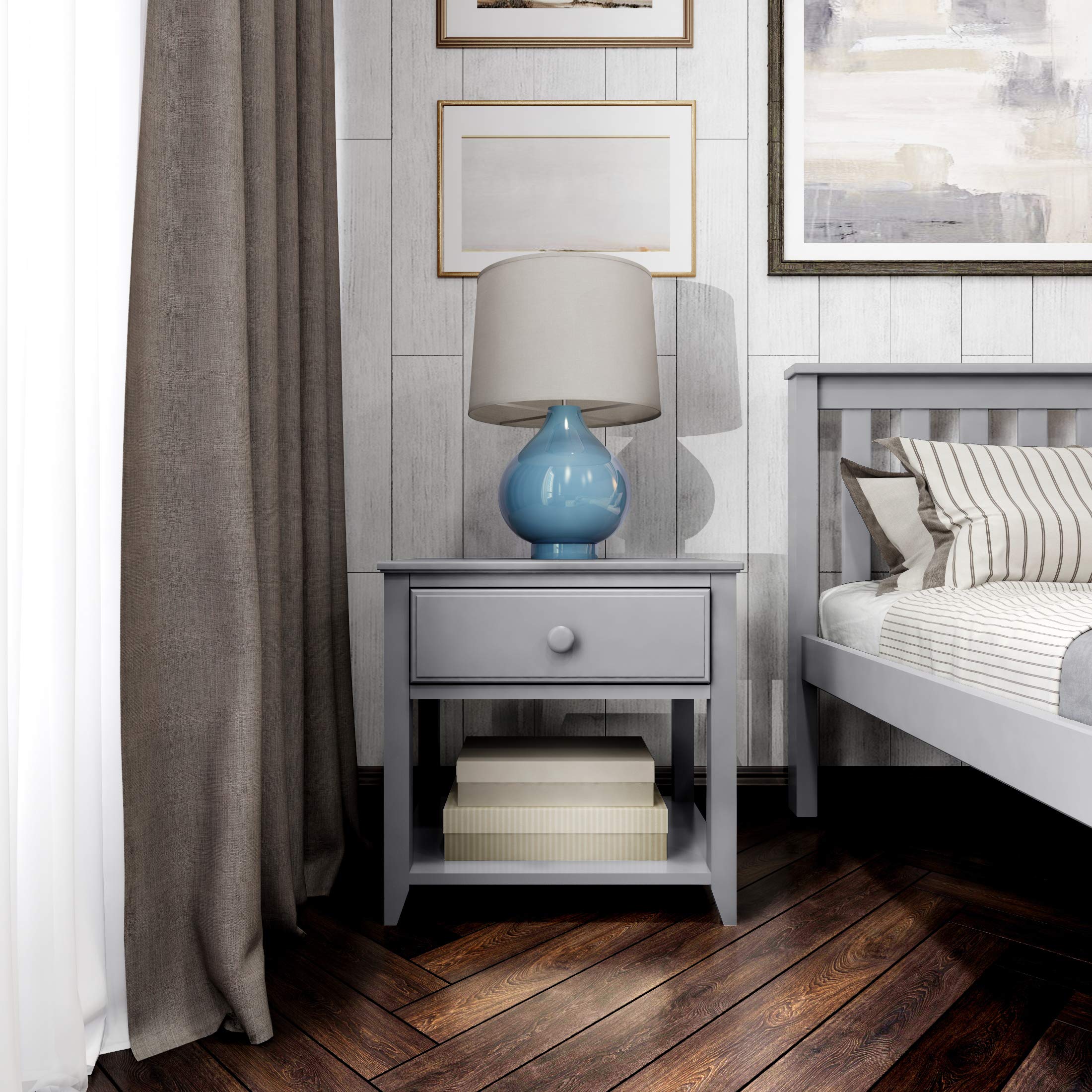 Plank+Beam Modern Nightstand with Drawer and Open Shelf - Grey Wood Bedside Table for Bedroom, Living Room & Office Storage