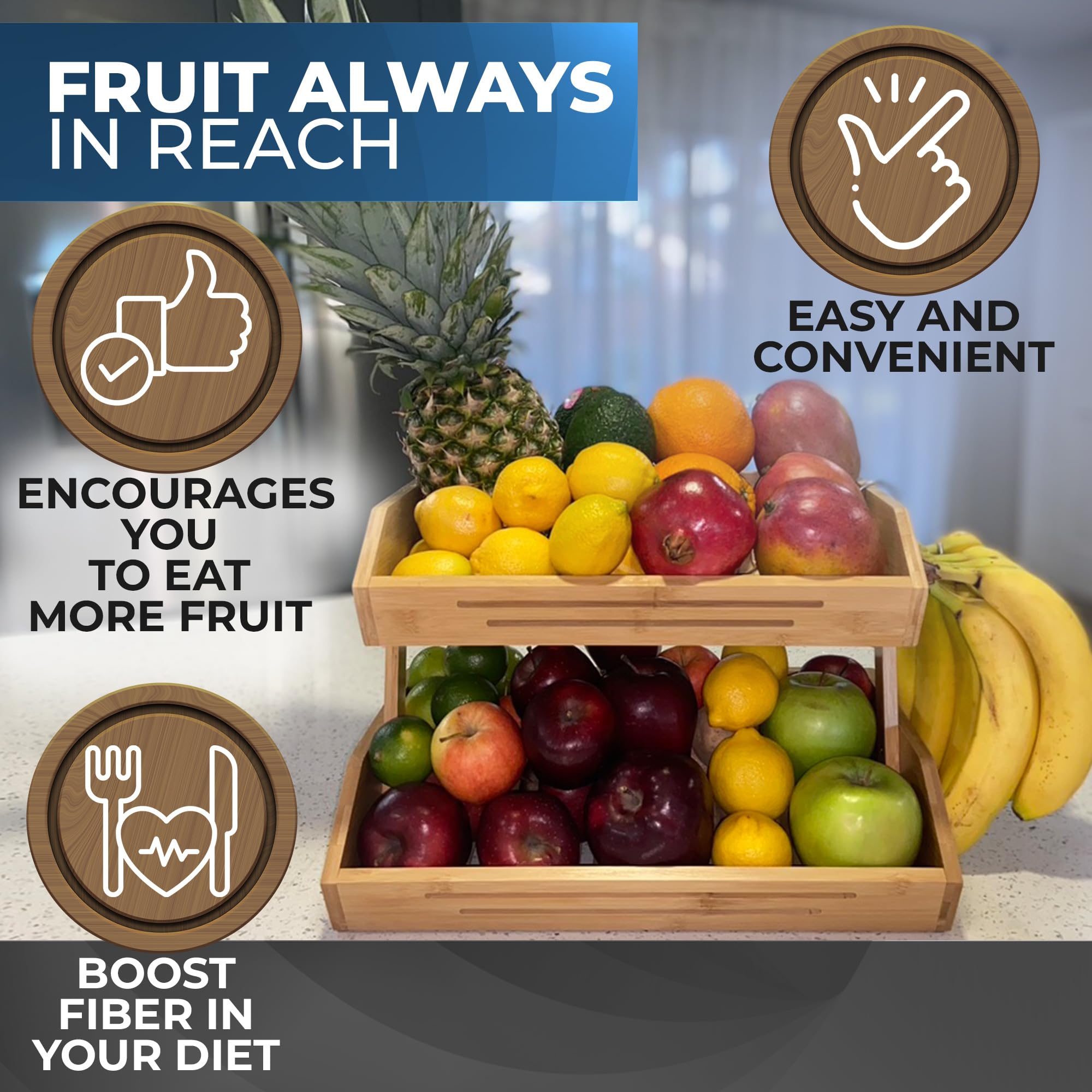 2 Tier Bamboo Fruit Basket with Banana Hanger Hooks - Wooden Kitchen Countertop Organizer for Fruits & Vegetables - Perfect for Home Kitchen, Fruit Shops, and Pantry Storage
