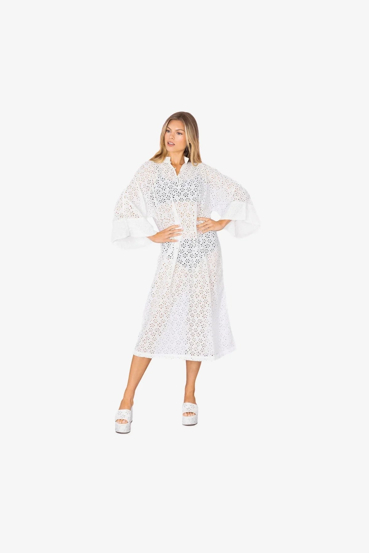 Larroudé X La Vie Style Long Caftan Dress - Light White Laser Cut Daisy Design - Boho Beach Cover Up, Resort Wear & Summer Vacation Outfit