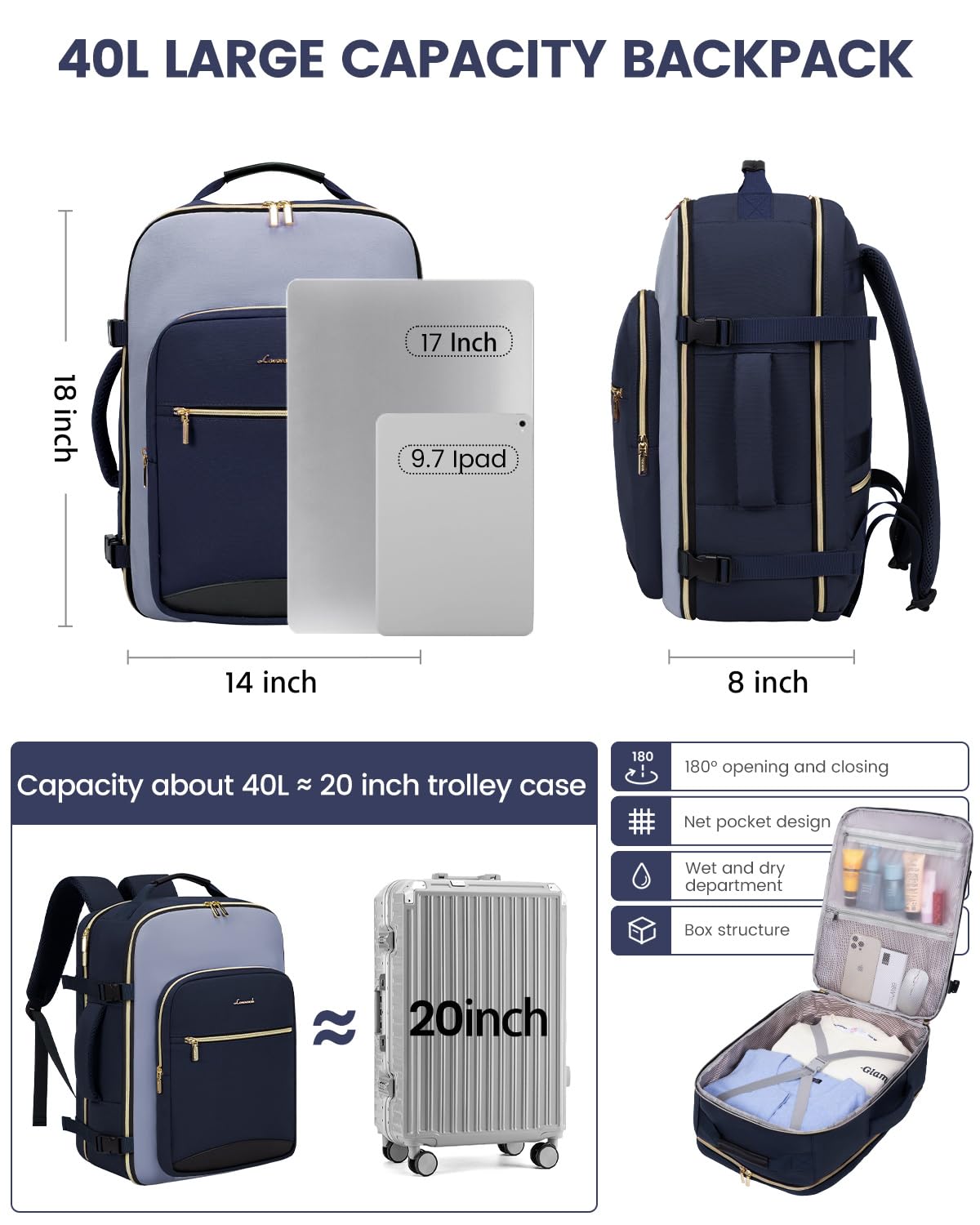 LOVEVOOK 40L Carry On Backpack for Travel - TSA Approved Personal Item Bag with 3 Packing Cubes, Waterproof Airplane Backpack Fits 17