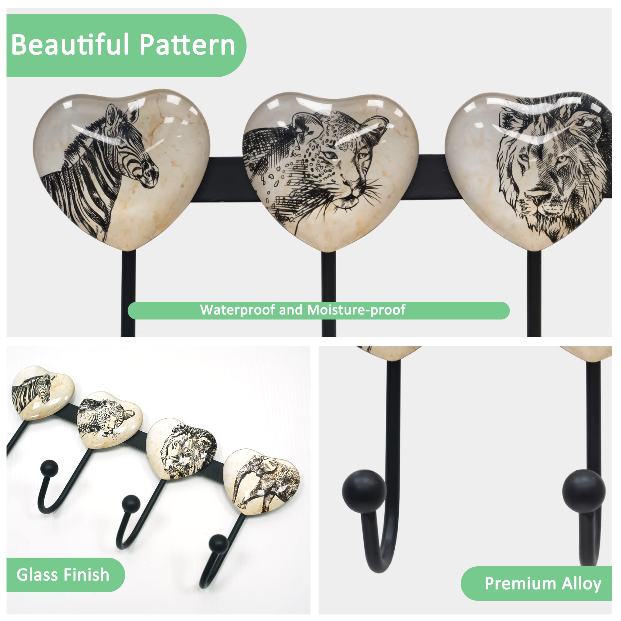 Stylish Wall Mounted Coat Rack with 4 Hooks - Heart Glass Finishes & Animal Patterns (Elephant, Lion, Zebra, Leopard) - Decorative Wall Hooks for Entryway, Perfect for Hanging Hats, Keys, Towels, Purses & Bags - Durable Metal Construction - Ideal for Home, Office, or Apartment Organization