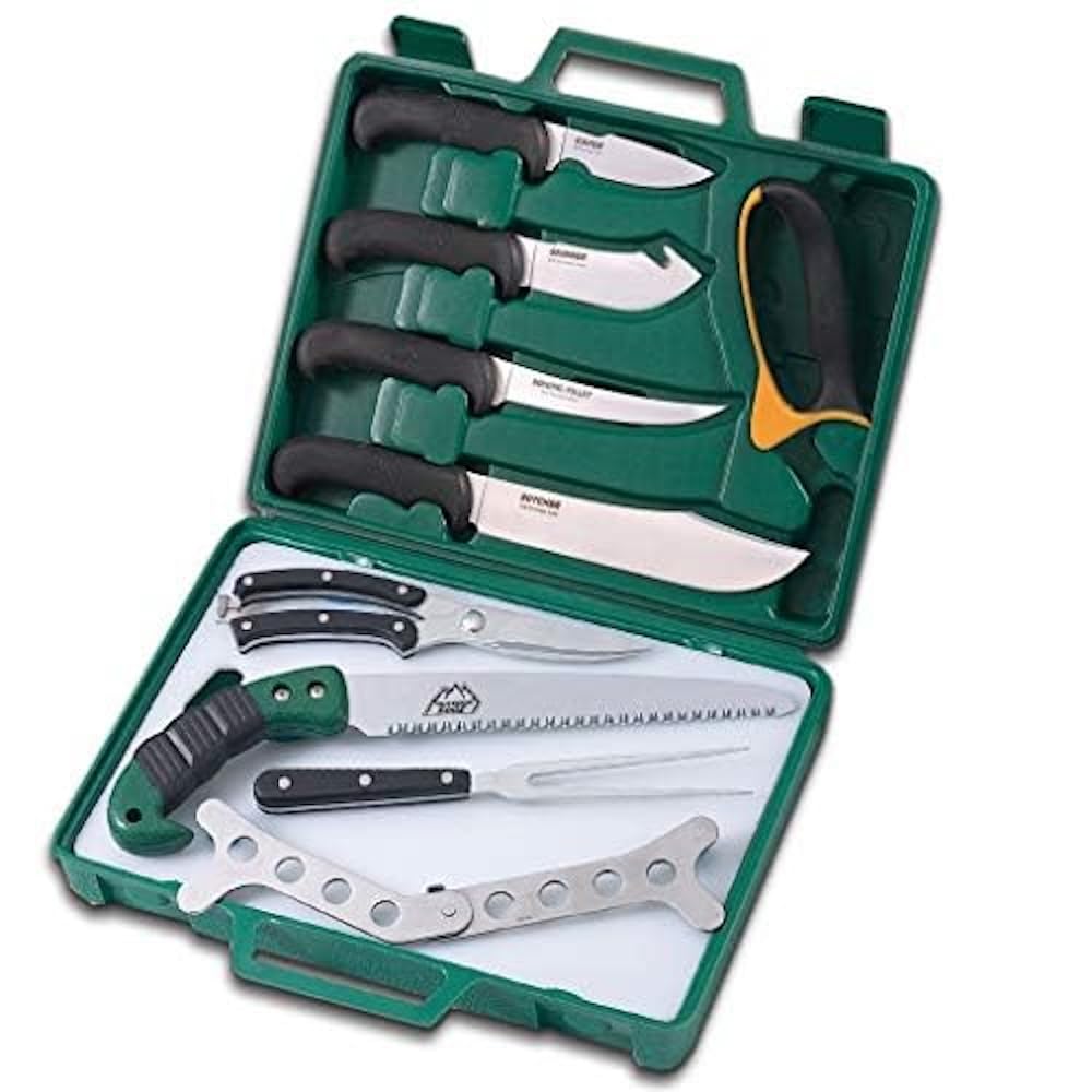 Outdoor Edge Game Processor 12-Piece Hunting Knife Set - Caping & Boning Knives, Skinning Knife, Bone Saw, Game Shears, Sharpener & Rib Spreader in Hard Case | Premium Butcher Knife Kit for Deer, Elk & Wild Game Processing | Perfect for Hunting, Field Dressing & Meat Preparation