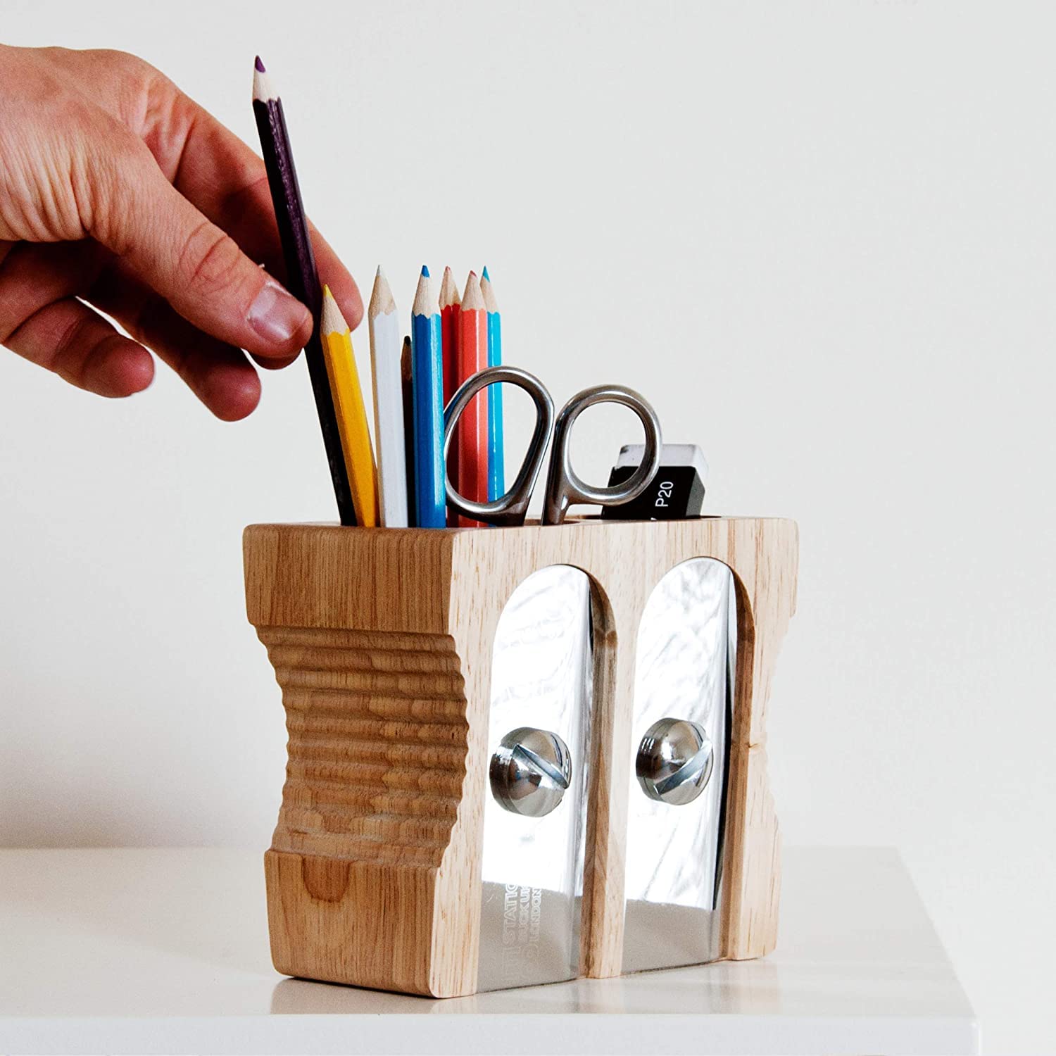 SUCK UK Wooden Pen Holder & Pencil Sharpener - Desk Organizer for Office Supplies, Stationery Storage with Decorative Design - Perfect for Home Office, School Desk & Gift Giving