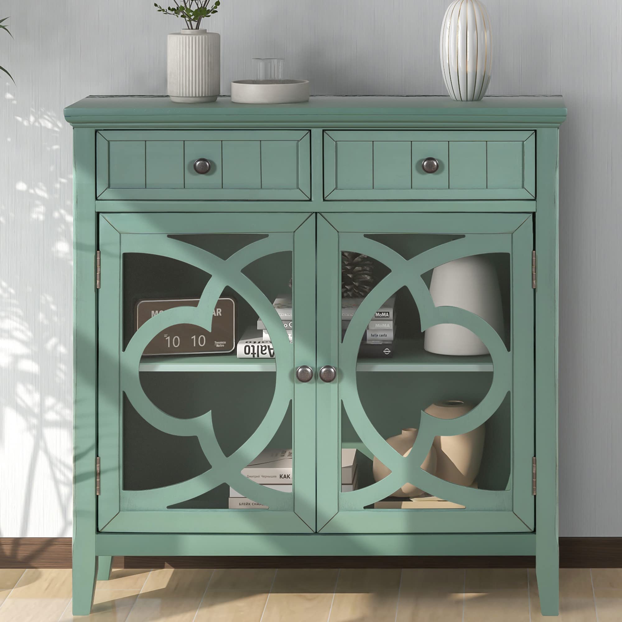 Retro Wood Storage Cabinet with Glass Doors & 2 Drawers - Dark Green Accent Furniture for Home, Kitchen, Entryway & Living Room | Adjustable Shelf & Vintage Style Storage Unit for Organizing Dishes, Linens & Decor
