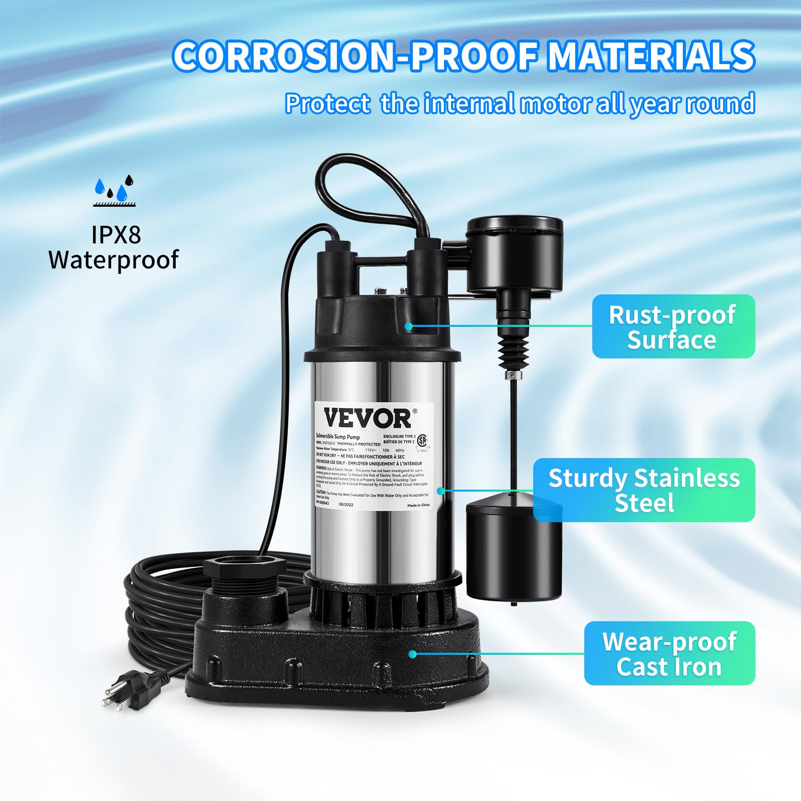 VEVOR 1.5 HP Submersible Sump Pump 6000 GPH - Cast Iron & Steel Construction with Vertical Float Switch - Heavy Duty Water Pump for Basement, Flooding Areas, Crawl Spaces & Emergency Water Removal