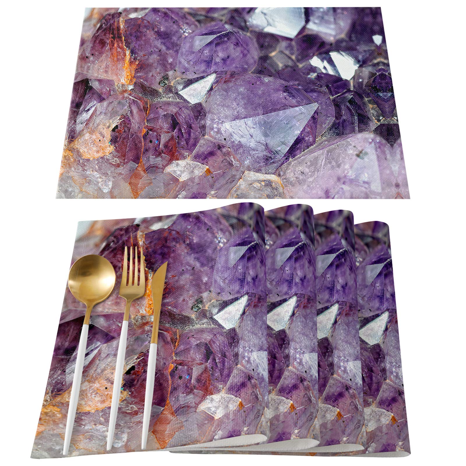 **4-Pack Purple Diamond Amethyst Placemats – Washable Cotton Linen Table Mats for Dining & Kitchen, Heat-Resistant & Non-Slip (13