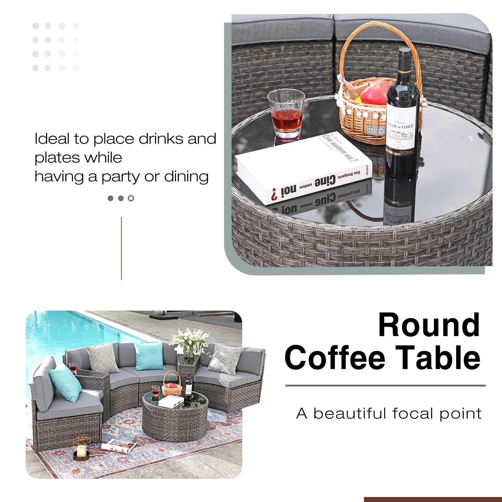 7-Piece Outdoor Patio Furniture Set - Half Moon Curved Sectional Sofa with Round Coffee Table, 4 Pillows & Waterproof Cover - Grey Rattan Wicker for Garden, Poolside & Backyard Relaxation
