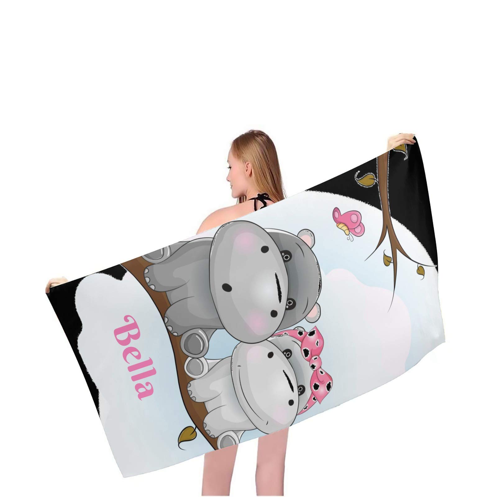 Custom Personalized Cute Hippo Beach Towel with Name - 30x60 Inch Large Pool Towel for Women, Men, Kids | Soft Quick-Dry Blanket for Swimming, Sunbathing, Beach Trips & Summer Vacations