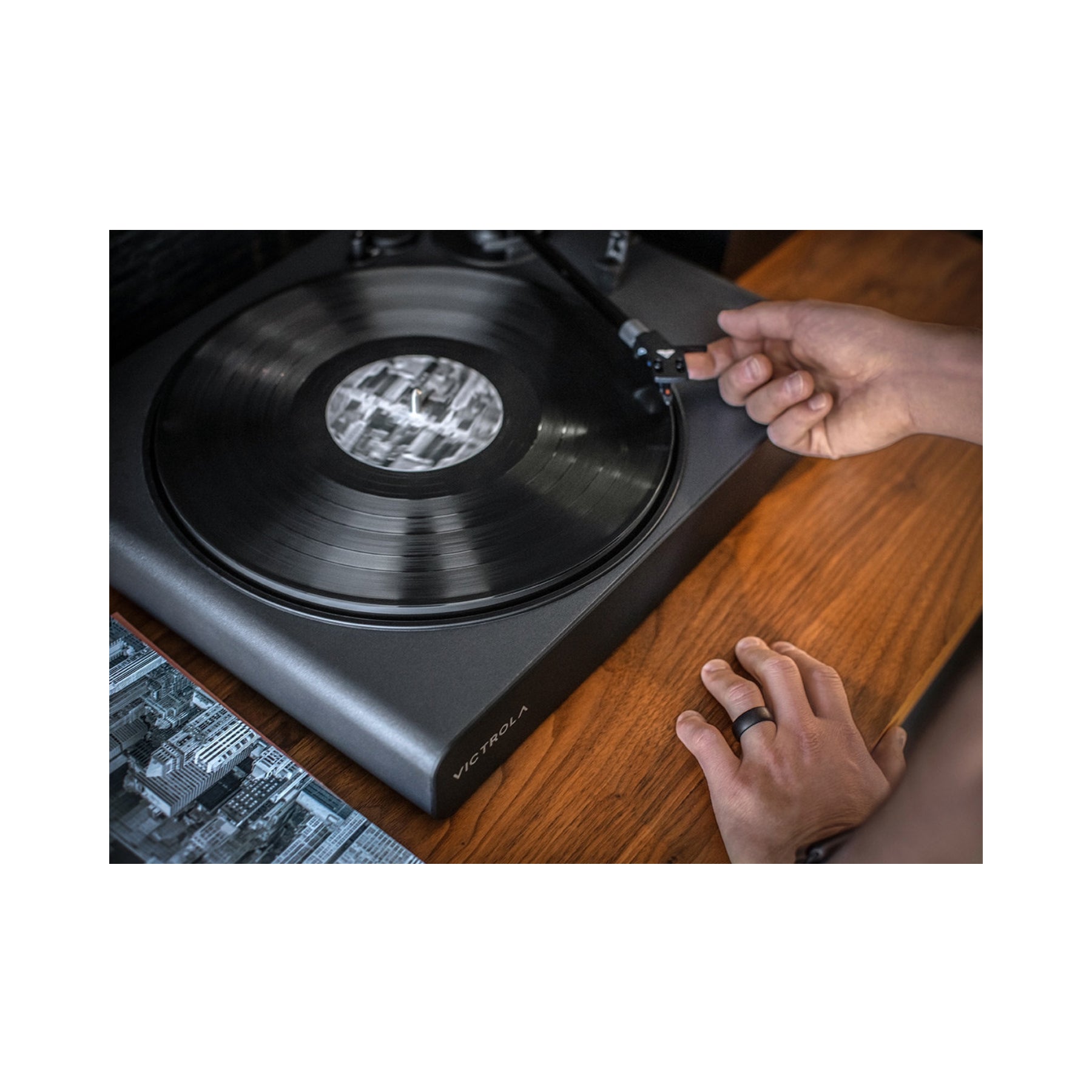 Victrola Stream Onyx Bluetooth Turntable with Built-in Speakers - Vintage Record Player for Vinyl Lovers | Perfect for Home, Office, or Gift Giving