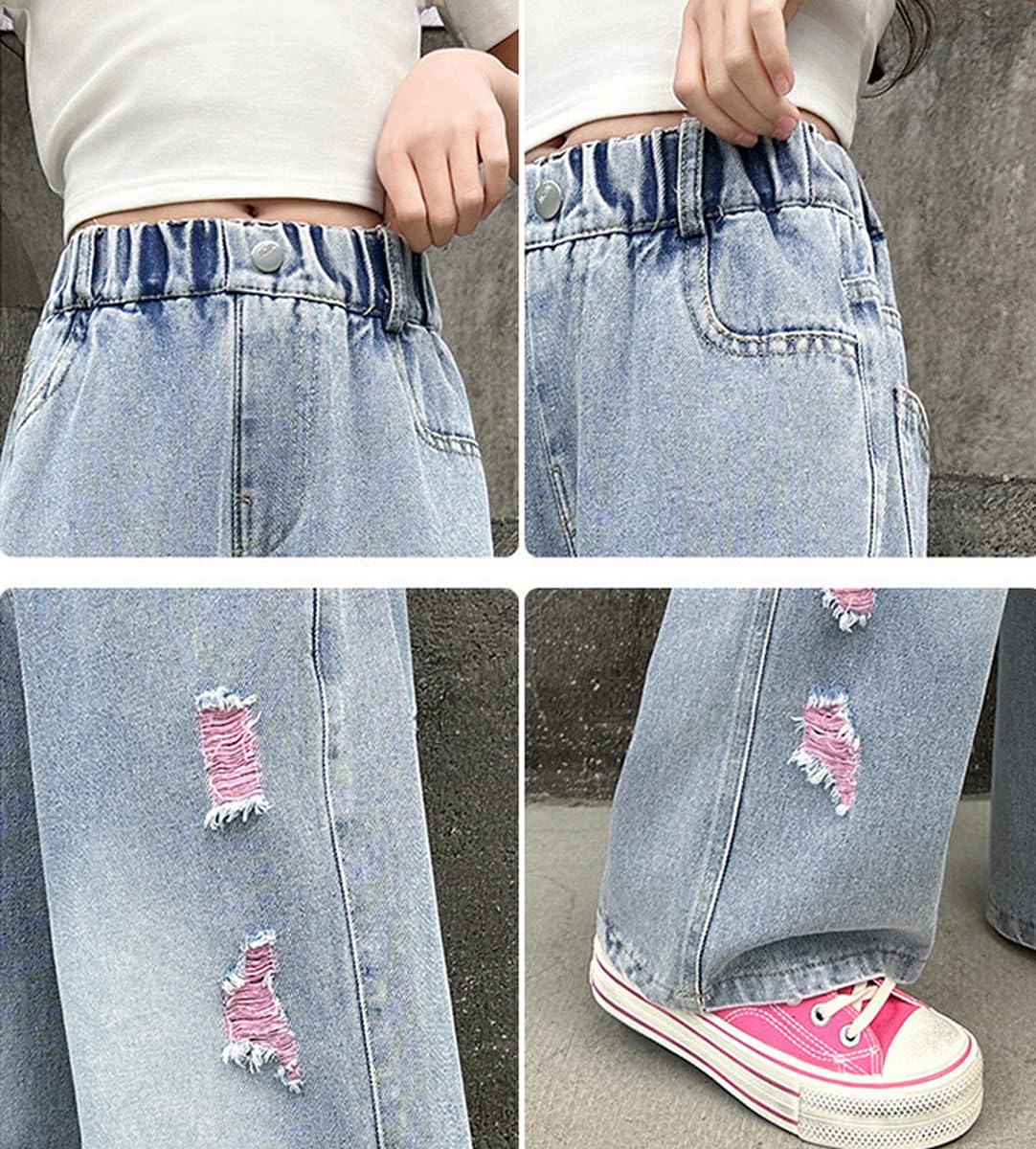 **NABER Girls' Stretch Elastic Waist Ripped Jeans - Distressed Washed Denim Wide Leg Pants for Kids Age 5-15 - Perfect for School, Playdates & Casual Outings**