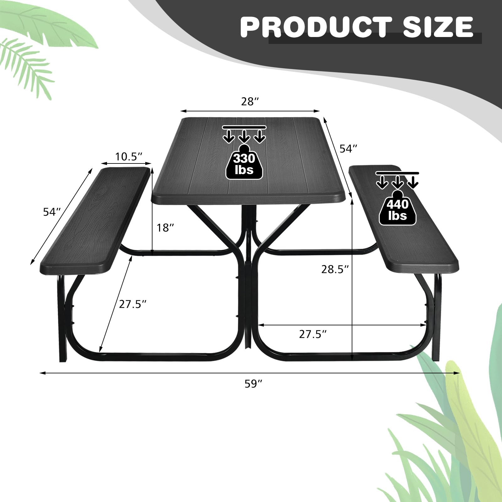 HappyGrill Outdoor Picnic Table Set with Steel Frame & Durable Plastic Table Top - Perfect for Garden, Backyard, Patio, and Camping Use
