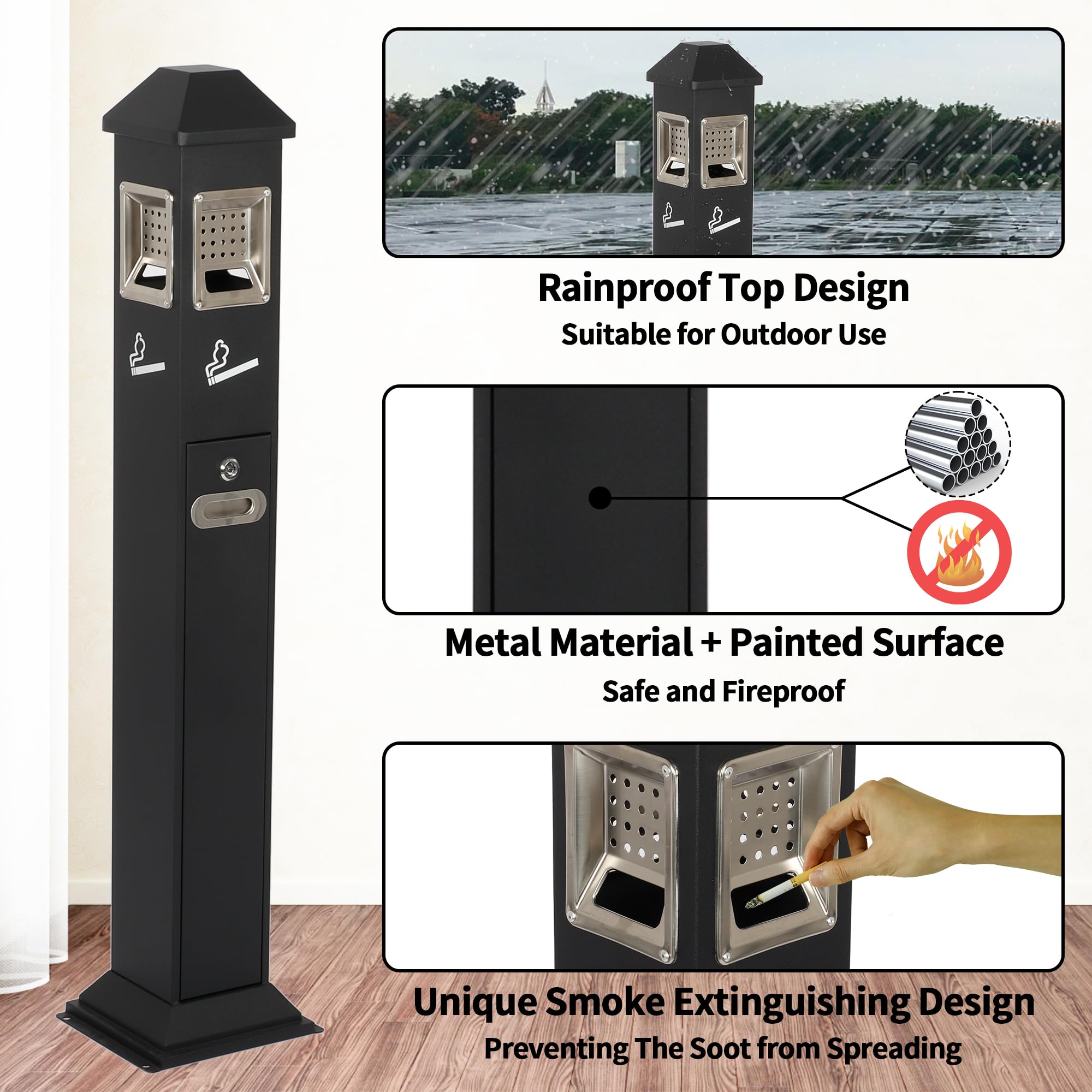 Heavy Duty Metal Ash Receptacle - Commercial Outdoor Vertical Trash Can for Patios, Gardens, Hotels, Pubs & Offices - Durable Black Butt Container for Cigarette Disposal & Waste Management