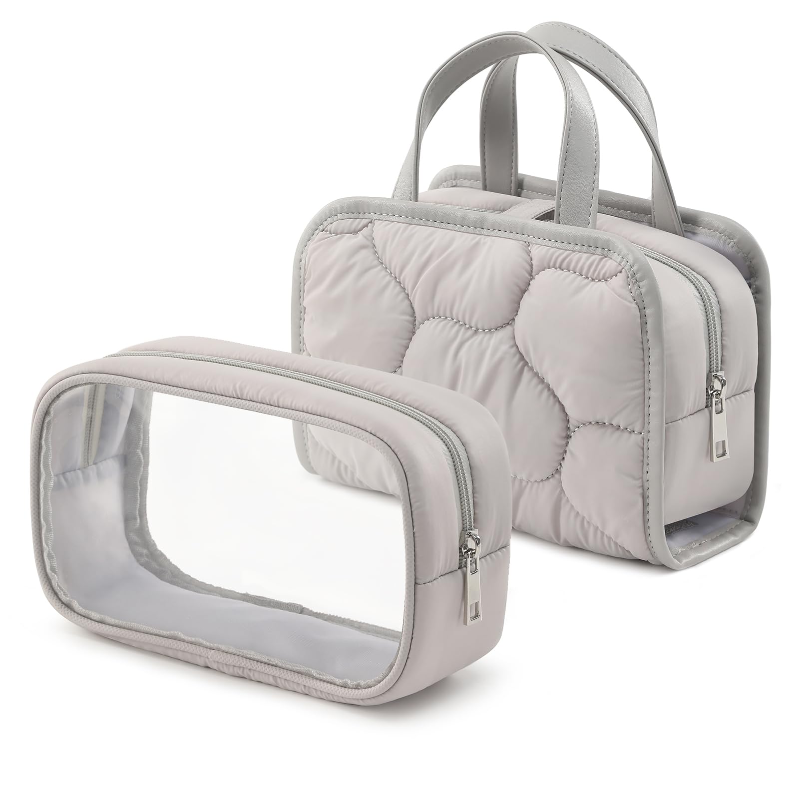 Women's Travel Makeup Bag with Removable Brush Compartment - Portable Puffy Cosmetic Organizer Case, Small Toiletry Bag with Clear Windows & Handle (Grey) - Perfect for Air Travel, Gym & Daily Essentials Storage