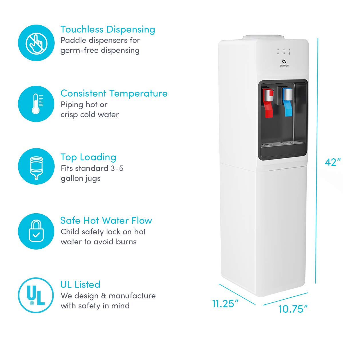 Avalon Top Loading Water Cooler Dispenser with Hot & Cold Water - Child Safety Lock, Slim Space-Saving Design for Home & Office - Compatible with 3 & 5 Gallon Bottles - UL Certified - Perfect for Kitchens, Break Rooms and Dormitories