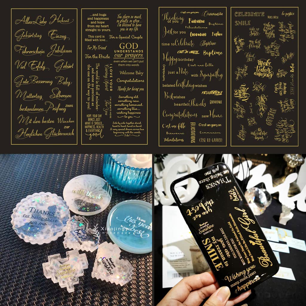 2PCS/Set Shiny Gold Transparent Resin Stickers for Jewelry Making, DIY Crafts, Silicone Mold Decoration - Resin Supplies Kit with Wishes Craft Stickers - Perfect for DIY Gifts, Scrapbooking, and Home Decor Projects