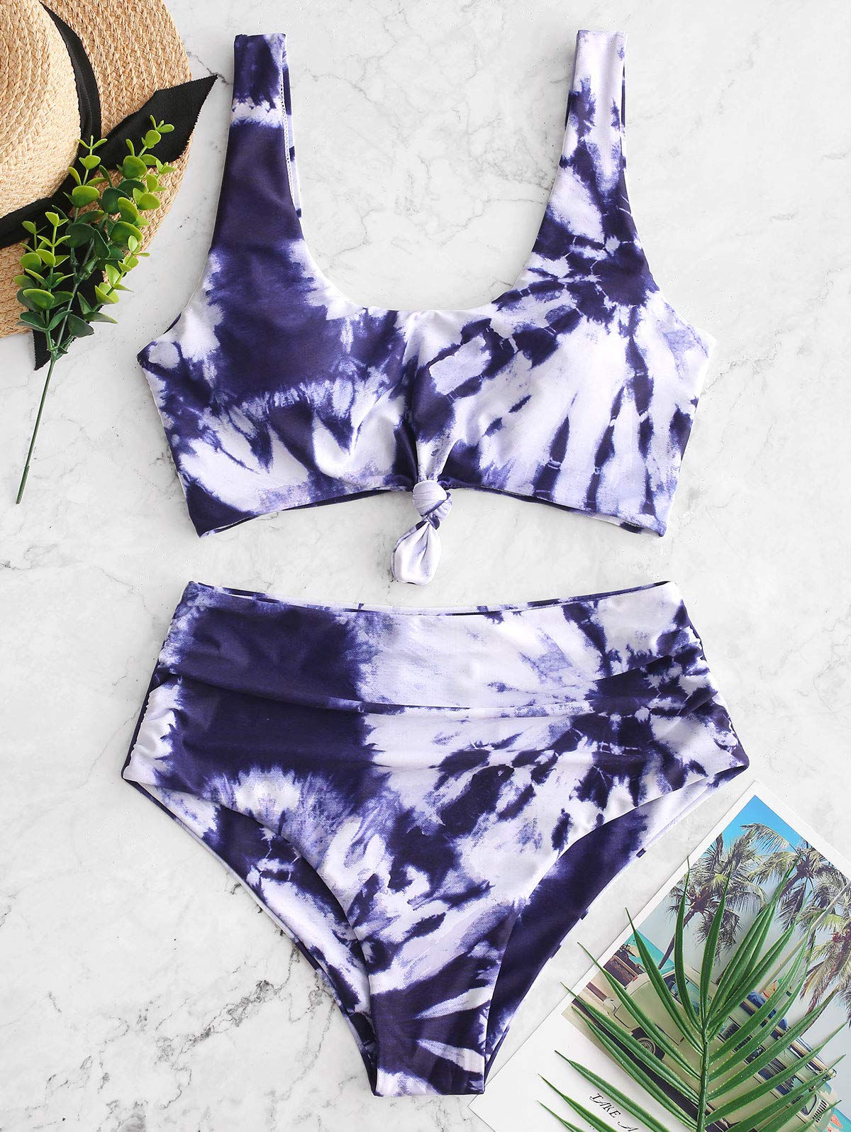 ZAFUL Women's Knot Scoop Neck Bikini Set - Ruched High Waisted Two Piece Swimsuits & Tankini for Beach, Pool Party and Summer Vacation