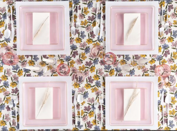 20-Piece Pink and Gold Square Plastic Dinnerware Set - Elegant Disposable Plates, Bowls & Cups for 10 Guests - Perfect for Weddings, Parties, and Outdoor Dining