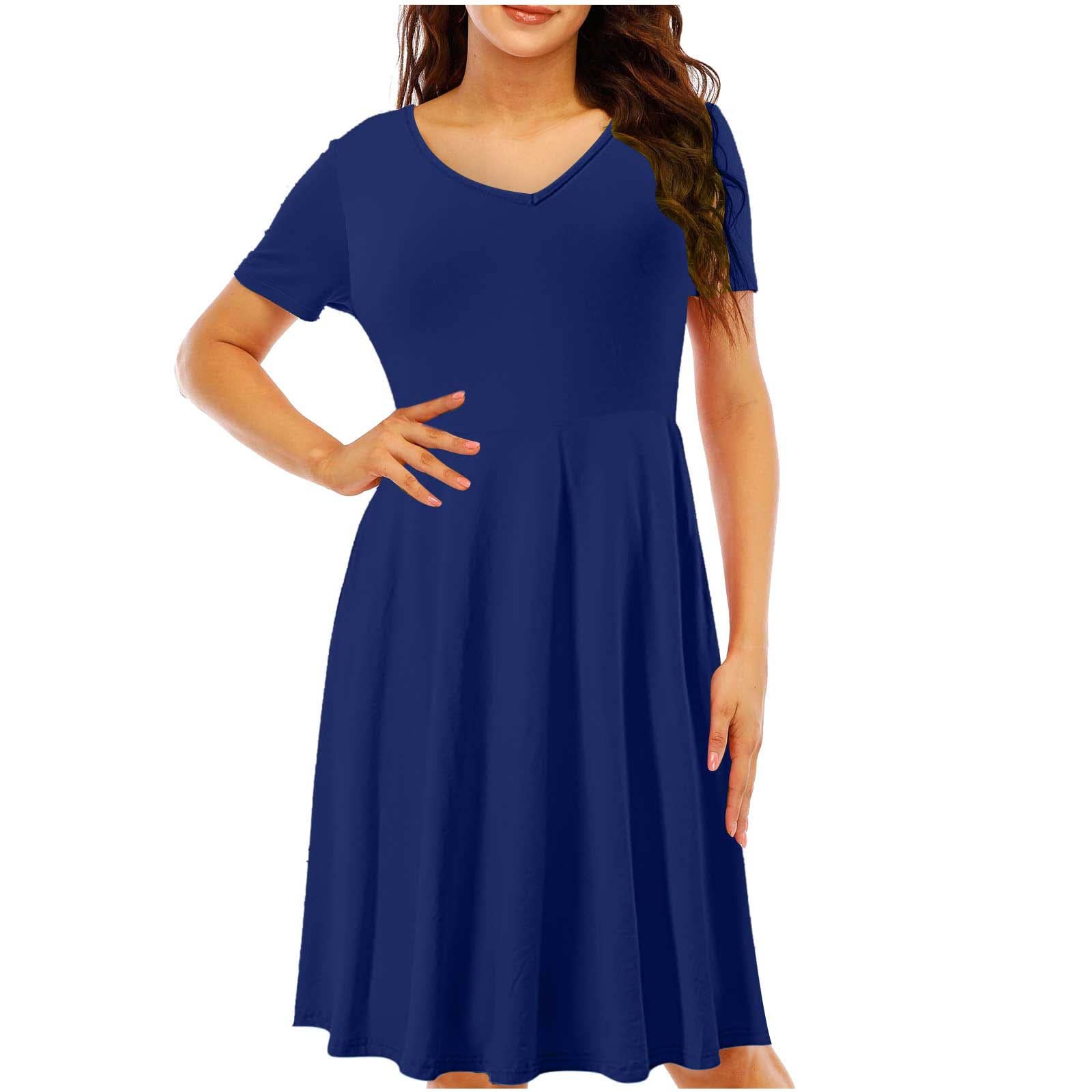 BOXIACEY Women's Summer Dresses 2023 - Comfortable Short Sleeve V-Neck Plus Size Solid Black Dress for Casual Wear, Beach Outings & Summer Parties
