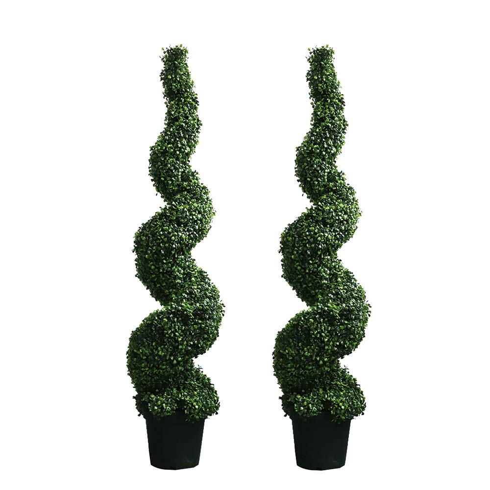 59 Inch Artificial Boxwood Topiary Tree Spiral - Set of 2 Fake Faux Plants in Plastic Pot for Indoor/Outdoor Decor - Perfect for Home, Office, Garden & Patio Decorations