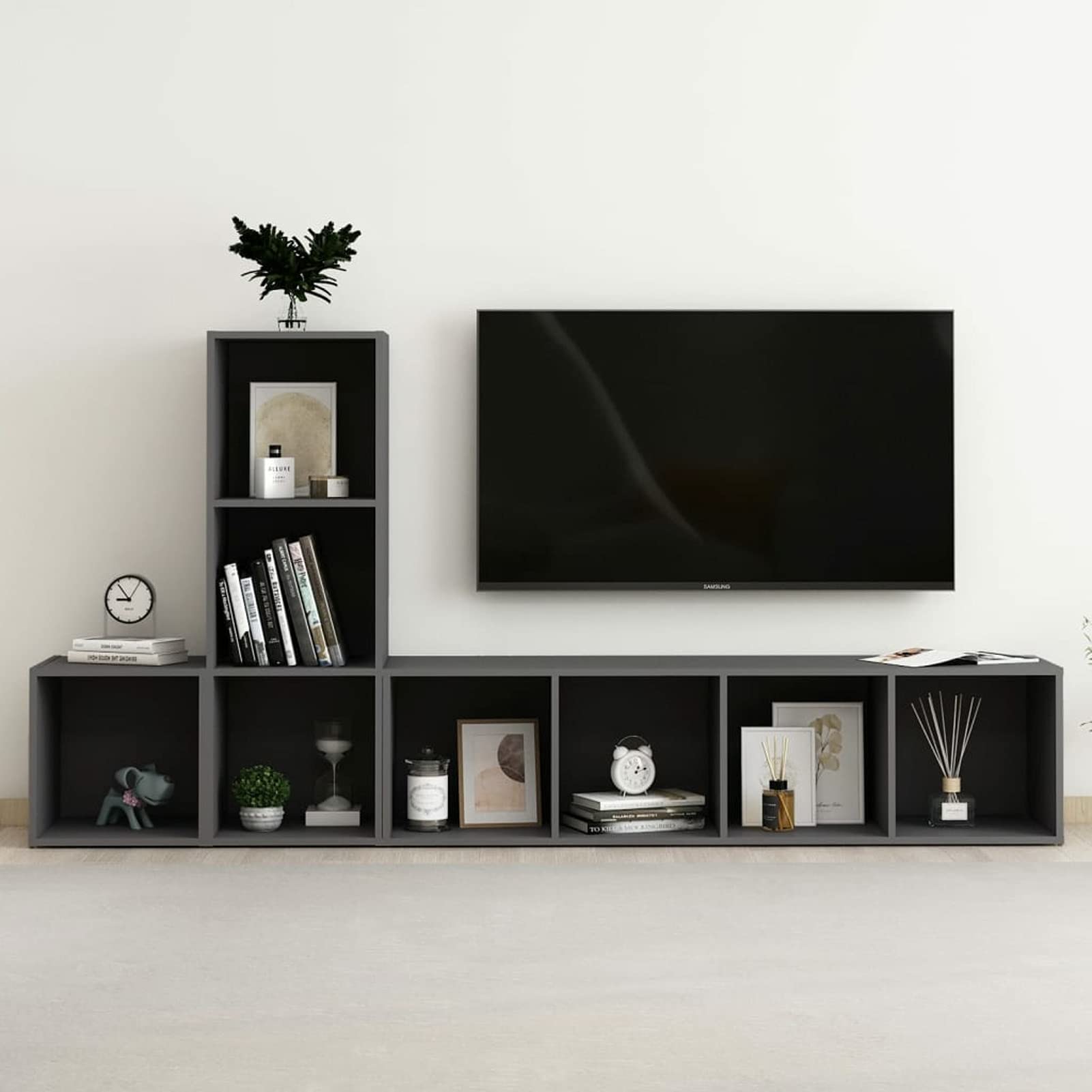 Festnight 3-Piece TV Stand Set with Storage Shelves - Modern Gray Chipboard Entertainment Center for Living Room & Bedroom - Perfect for Organizing TVs, Books, and Media Accessories