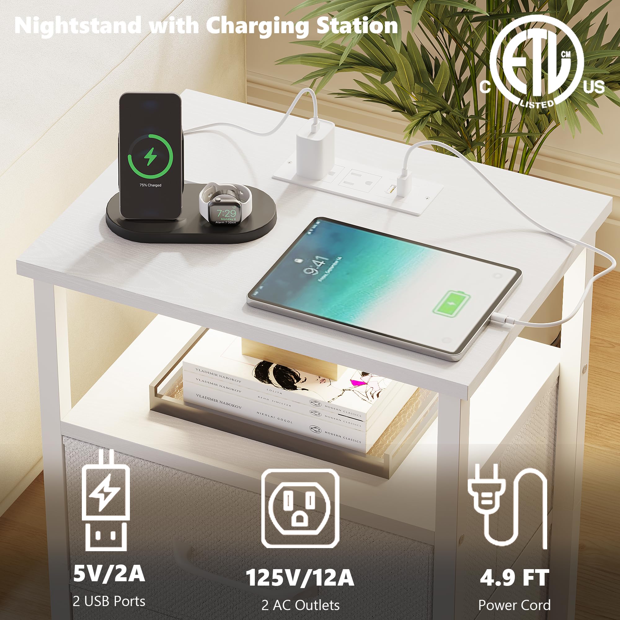 2-Piece Nightstand Set with USB Charging Station & LED Lights - Bedside Table with 2 Fabric Drawers & Open Shelf - White Small End Table for Bedroom - Perfect for Modern Bedrooms, Guest Rooms & Small Spaces