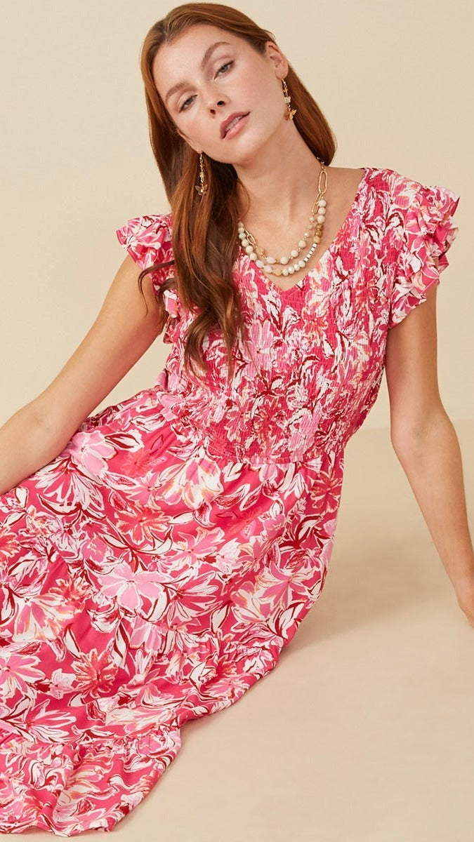 Hibiscus Print Smocked Dress for Women - Floral Summer Pink Dress for Beach, Vacation & Outdoor Parties