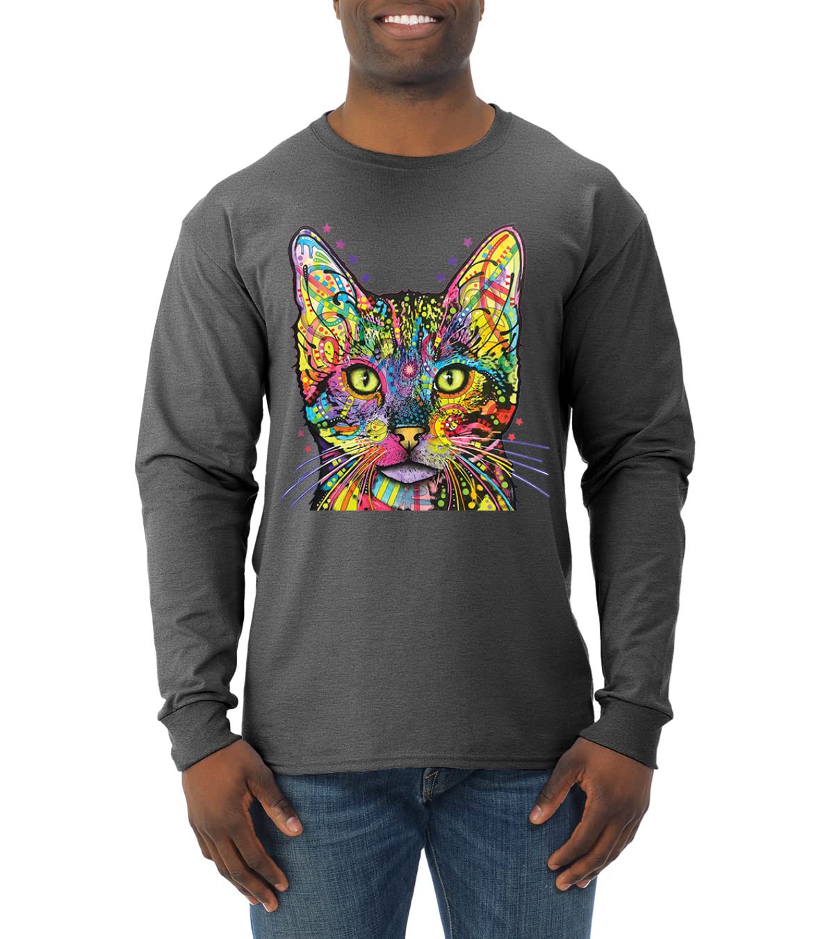 Colorful Cat Print Long Sleeve Shirt for Men | Cat Mom & Dad Gifts | Dean Russo Animal Art Collection | Perfect for Pet Lovers, Casual Wear & Cat-Themed Events